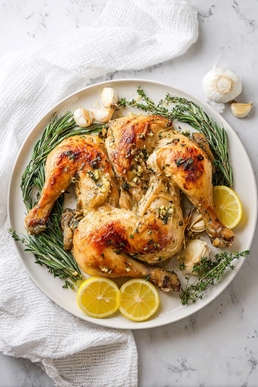 A whole roasted chicken with golden-brown, crispy skin is placed in the center of a white plate. The chicken is split open and laid flat, showing a textured surface with herbs like rosemary and thyme scattered on and around it. There are several lemon slices and small white onions arranged around and under the chicken, adding pops of bright yellow and smooth white colors. The plate is set on a white marbled surface. photo taken with an iphone --ar 2:3 --v 7 - Roasted Spatchcock Chicken with Herb Garlic, juicy crispy roasted chicken, herb garlic chicken recipe, easy spatchcock chicken, flavorful roast chicken