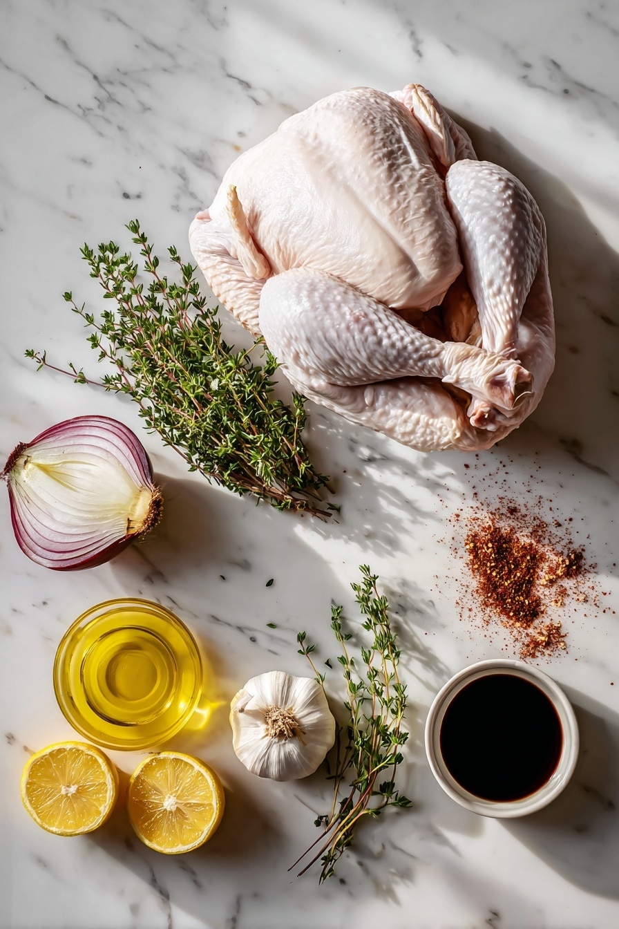 Flat lay of a whole raw turkey neatly cleaned, half a medium onion with layers visible, a lemon half showing its juicy interior, a head of garlic cut lengthwise exposing the cloves, fresh thyme sprigs with vibrant green leaves, a small heap of reddish-brown five-spice powder, a small puddle of dark soy sauce glistening, and a drizzle of golden sesame oil, all beautifully arranged on a white marble surface, photo taken with an iphone --ar 2:3 --v 7 - Asian Five-Spice Roast Turkey, roast turkey with five-spice, flavorful holiday turkey, aromatic turkey marinade, Asian-inspired turkey recipe
