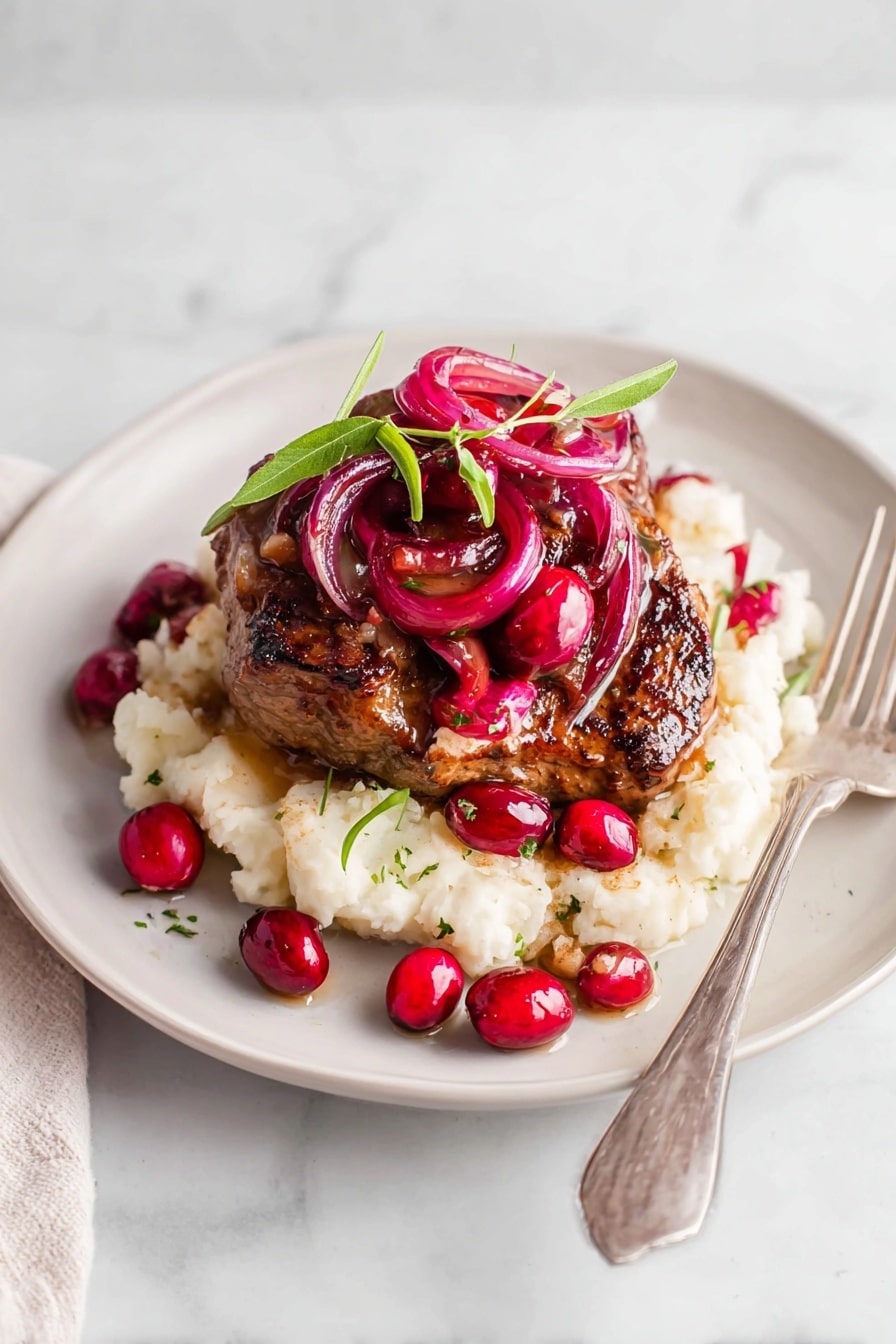 The image shows a roasting pan filled with cooked chicken pieces that are golden brown with dark grill marks, surrounded by soft, translucent, and slightly browned slices of red onion with curled edges. Scattered all over the pan are bright red cranberries, some slightly shriveled from cooking. The pan's surface has a shiny, caramelized brown texture from the cooked juices, oil, and spices. The background is a white marbled texture. photo taken with an iphone --ar 2:3 --v 7 - Roasted Balsamic Chicken with Cranberries, balsamic chicken recipes, easy holiday chicken, flavorful chicken dinner, cranberry chicken skillet