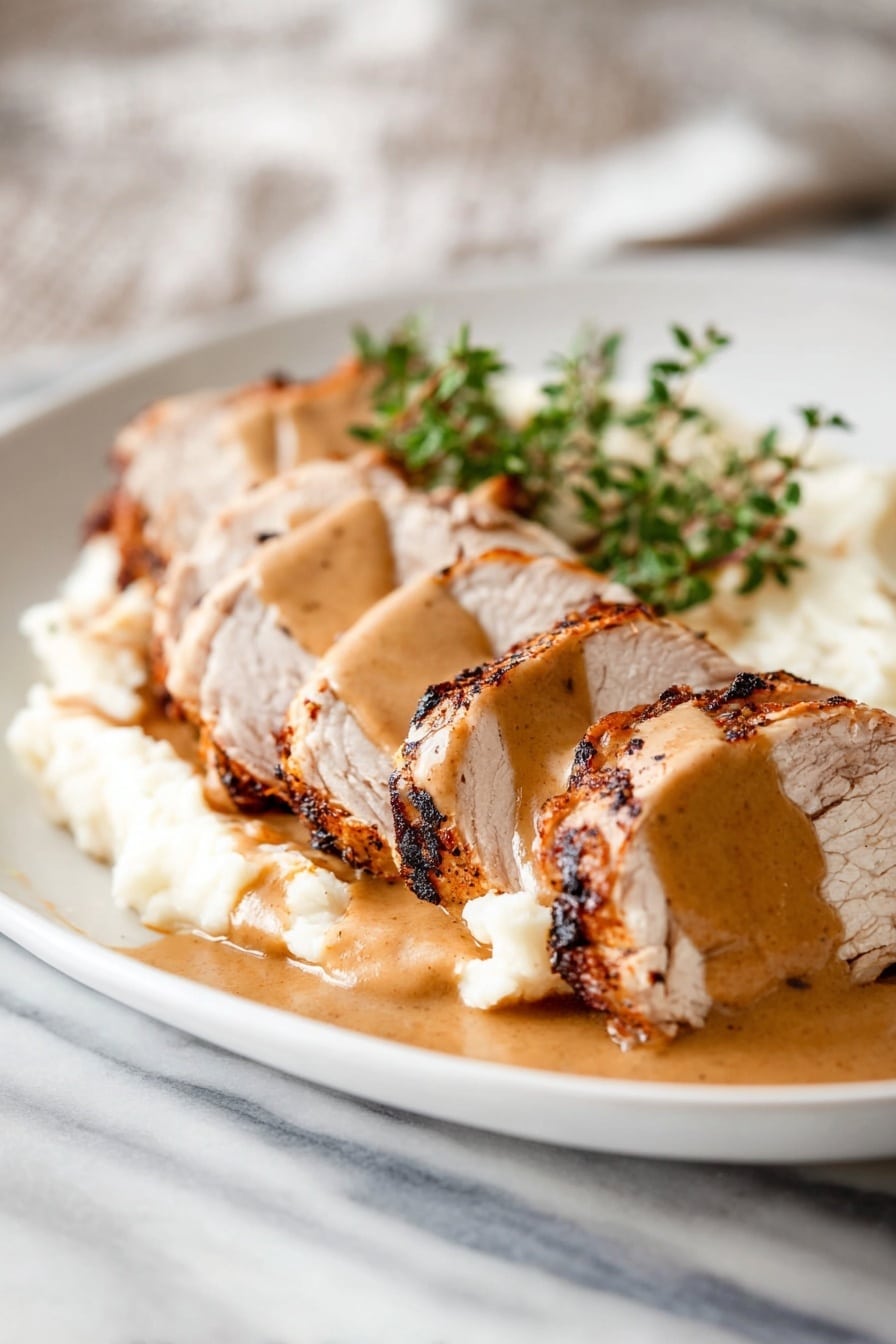 The dish shows a white plate with several slices of light brown cooked meat arranged in a row across the plate, each slice revealing a tender, white inside with a slightly charred, darker outer edge. A smooth, golden-brown sauce is poured over the middle of the meat slices, partially covering them. Beneath the meat, there is a creamy white layer of mashed potatoes that looks soft and smooth. In the background, a small sprig of fresh green herbs is placed on the plate near the meat, all set on a white marbled texture surface. photo taken with an iphone --ar 2:3 --v 7 - Instant Pot Turkey Breast with Creamy Gravy, turkey breast recipe, pressure cooker turkey, easy turkey dinner, creamy gravy recipe