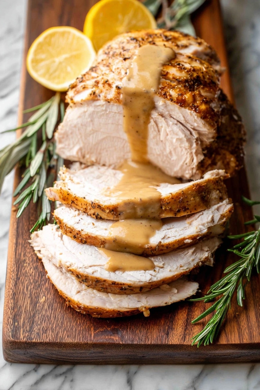A cooked roast meat with a golden-brown color and a textured surface covered in pepper and seasoning sits on a wooden board. The roasted meat has visible crisscross grill marks and a slightly crispy outer layer. To the left, there are two lemon slices lying flat on the wooden board. In the foreground, a few green, fresh rosemary sprigs rest next to the meat. The background and surface beneath the board have a white marbled texture. Photo taken with an iphone --ar 2:3 --v 7 - Instant Pot Turkey Roast, Turkey Roast with Creamy Gravy, Juicy Turkey with Instant Pot, Easy Turkey Roast Recipe, Pressure Cooker Turkey Meal