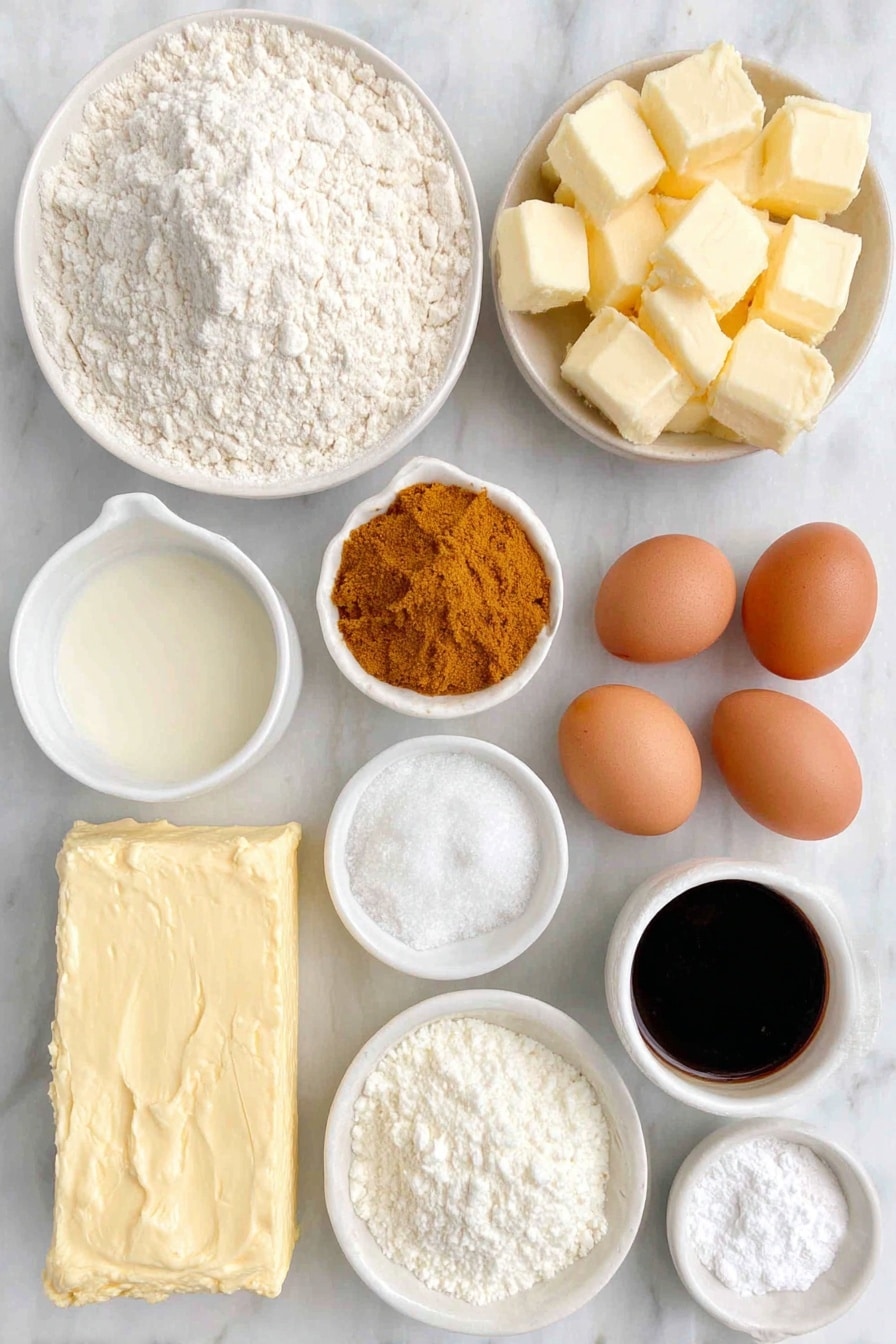 Flat lay of a small mound of all purpose flour, a neat pile of pumpkin pie spice powder, three pale beige baking powder capsules, a tiny heap of fine baking soda powder, a small pile of coarse sea salt crystals, a handful of unsalted butter cubes with a creamy yellow hue, a small cluster of granulated white sugar grains, two whole brown eggs with clean shells, a small white ceramic bowl of clear vanilla extract, a small white ceramic bowl filled with smooth buttermilk, a small white ceramic bowl with bright orange pumpkin puree, a small white ceramic bowl containing dark espresso coffee, a small white ceramic bowl holding creamy whole milk, a small white ceramic bowl of thick sweetened condensed milk, a block of cold cream cheese with a silky surface, and a small white ceramic bowl of powdered white sugar, all arranged symmetrically on a clean white marble surface, soft natural light, photo taken with an iPhone, professional food photography style, fresh ingredients, white ceramic bowls, no bottles, no duplicates, no utensils, no packaging --ar 2:3 --v 7 --p awthu7i m7354615311229779997 - Pumpkin Spice Latte Cake with Espresso Cream Cheese Frosting, pumpkin spice cake, fall desserts, pumpkin latte dessert, espresso frosting cake