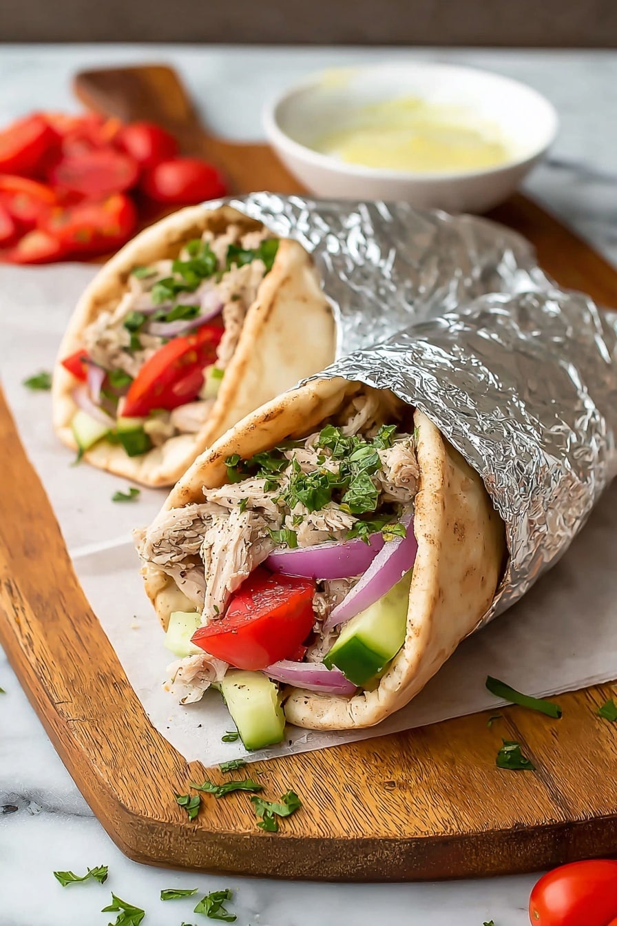 Two wrapped sandwiches are placed side by side on a wooden board with white paper underneath. Each sandwich has a light brown pita flatbread folded around several layers: a base layer of shredded meat, followed by slices of bright red tomato, thin rings of light purple onion, small chunks of green cucumber, and sprinkled fresh green herbs on top. The bottom half of each sandwich is wrapped in shiny silver foil, leaving the top open to show the colorful fillings. Surrounding the sandwiches are scattered pieces of chopped herbs and small red grape tomatoes. A small white bowl with a light yellow creamy dip sits next to the sandwiches on the board. The setting is on a white marbled surface. photo taken with an iphone --ar 2:3 --v 7 - Slow Cooker Chicken Shawarma, chicken shawarma, easy shawarma recipe, homemade shawarma, flavorful chicken recipes
