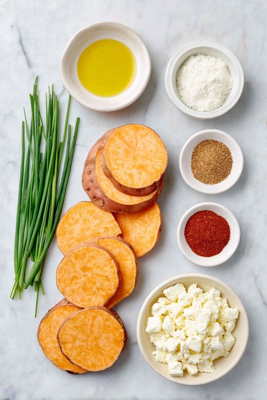 Flat lay of three large sweet potatoes sliced into thick rounds, a small white bowl of golden olive oil, a small white bowl containing a warm amber honey, a small white bowl filled with crumbled white feta cheese, a few sprigs of fresh green chives, small white bowls each holding cinnamon powder, smoked paprika, ground cumin, ground coriander, red pepper flakes, kosher salt, and black pepper—all arranged in perfect symmetry on a simple white ceramic surface, placed on a clean white marble surface, soft natural light, photo taken with an iPhone, professional food photography style, fresh ingredients, white ceramic bowls, no bottles, no duplicates, no utensils, no packaging --ar 2:3 --v 7 --p awthu7i m7354615311229779997 - Roasted Sweet Potato Rounds with Honey & Feta, sweet potato appetizer, healthy sweet potato side, honey feta snack, easy roasted sweet potato recipe