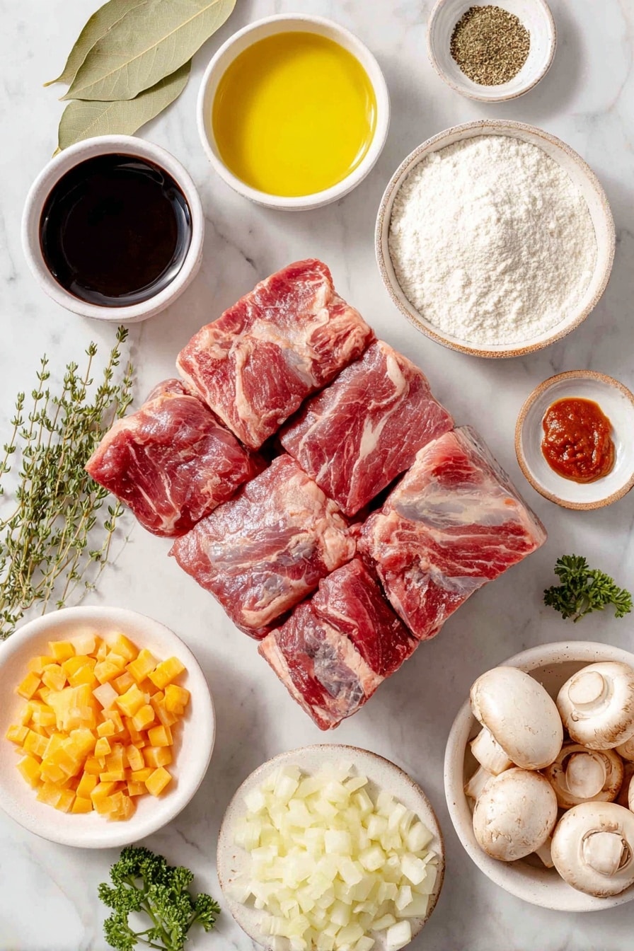 Flat lay of a thick slab of boneless chuck roast cut into large cubes, a small pile of chopped thick-cut bacon, a medium yellow onion finely chopped, a large diced carrot, four peeled garlic cloves, a small dollop of deep red tomato paste on white ceramic plate, one fresh bay leaf, two fresh sprigs of thyme, a small white bowl of pale all-purpose flour, a small white bowl filled with rich dark red wine, a small white bowl with coarse kosher salt, a small white bowl with freshly cracked black pepper, a small white bowl of extra-virgin olive oil, a cluster of cremini mushrooms halved, a small pile of peeled pearl onions, a small white bowl with beef bouillon granules, and a handful of fresh flat-leaf parsley sprigs on simple white ceramic dishes, arranged in perfect symmetry and balanced proportions, placed on a clean white marble surface, soft natural light, photo taken with an iPhone, professional food photography style, fresh ingredients, white ceramic bowls, no bottles, no duplicates, no utensils, no packaging --ar 2:3 --v 7 --p awthu7i m7354615311229779997 - Classic Beef Bourguignon with Mushrooms and Pearl Onions, Beef Bourguignon recipe, French beef stew, hearty beef stew, beef stew with mushrooms and pearl onions