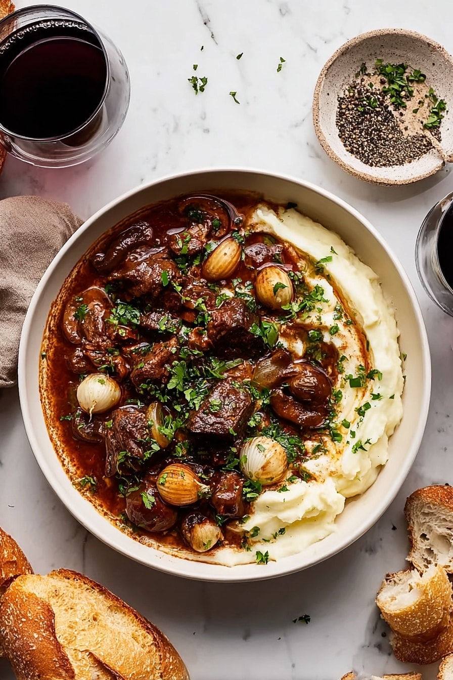 The dish is shown in a dark green cast iron pot placed on a white marbled surface. Inside, there are large dark brown pieces of cooked meat layered evenly across the pot. Scattered among the meat are small, round, light brown whole onions and medium brown sliced mushrooms, all glistening with a rich, glossy sauce that has a deep reddish-brown color. The dish is sprinkled with small, fresh green herb pieces on top for a touch of color and freshness. The ingredients fill the pot in a single layered mix, creating a hearty, rustic look. photo taken with an iphone --ar 2:3 --v 7 - Classic Beef Bourguignon with Mushrooms and Pearl Onions, Beef Bourguignon recipe, French beef stew, hearty beef stew, beef stew with mushrooms and pearl onions