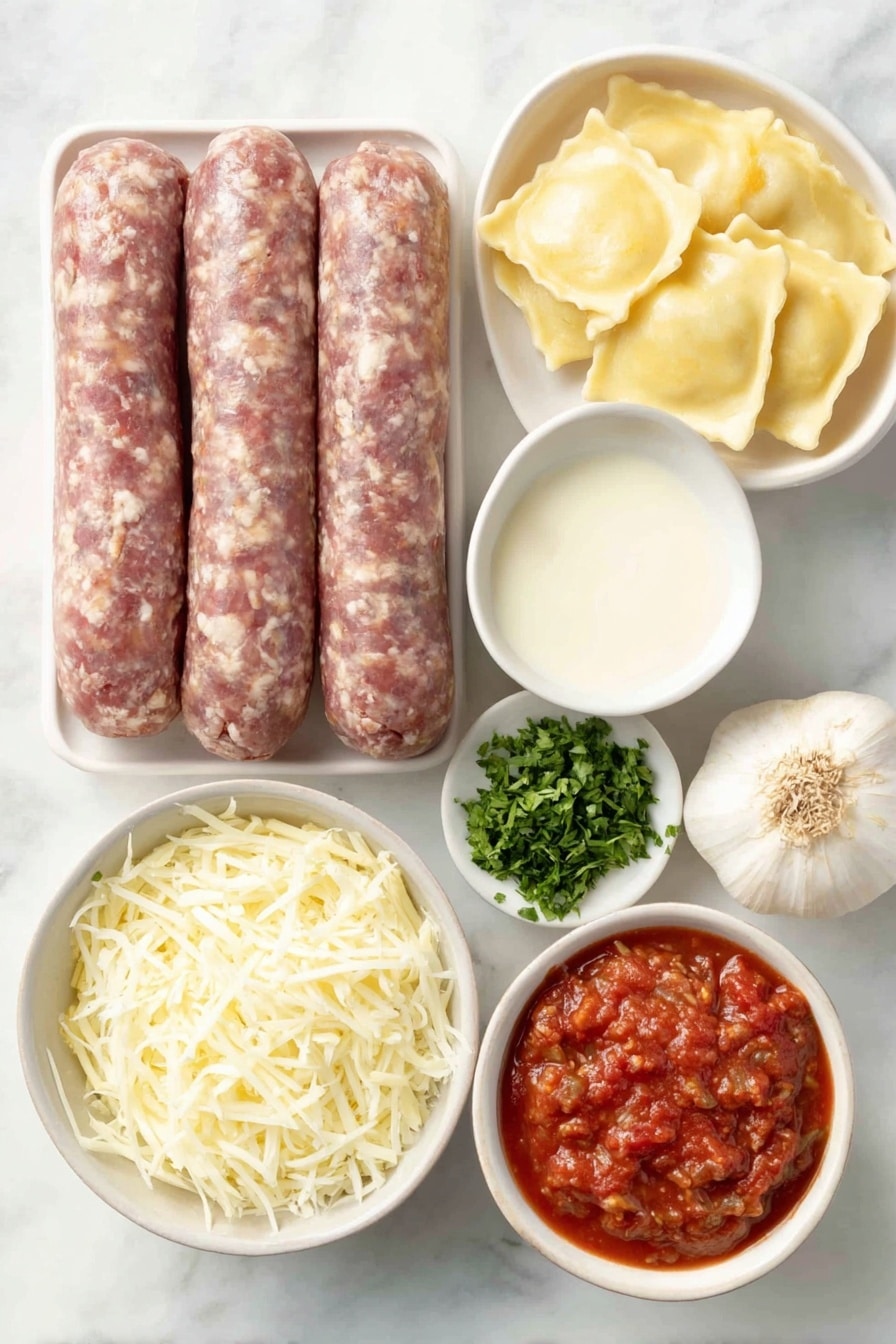 Flat lay of fresh ground Italian sausage, a medium yellow onion diced, four peeled garlic cloves, two small white ceramic bowls each with rich red marinara sauce and bright crushed tomatoes, a small white bowl with heavy cream, a handful of fresh flat cheese ravioli, a small white bowl filled with shredded mozzarella cheese, and a small pile of minced fresh parsley leaves, all arranged symmetrically in realistic proportions on simple white ceramic dishes placed on a clean white marble surface, soft natural light, photo taken with an iPhone, professional food photography style, fresh ingredients, white ceramic bowls, no bottles, no duplicates, no utensils, no packaging --ar 2:3 --v 7 --p awthu7i m7354615311229779997 - Baked Ravioli with Italian Sausage and Mozzarella, Italian sausage baked pasta, cheesy ravioli bake, comforting Italian casserole, easy baked ravioli dinner