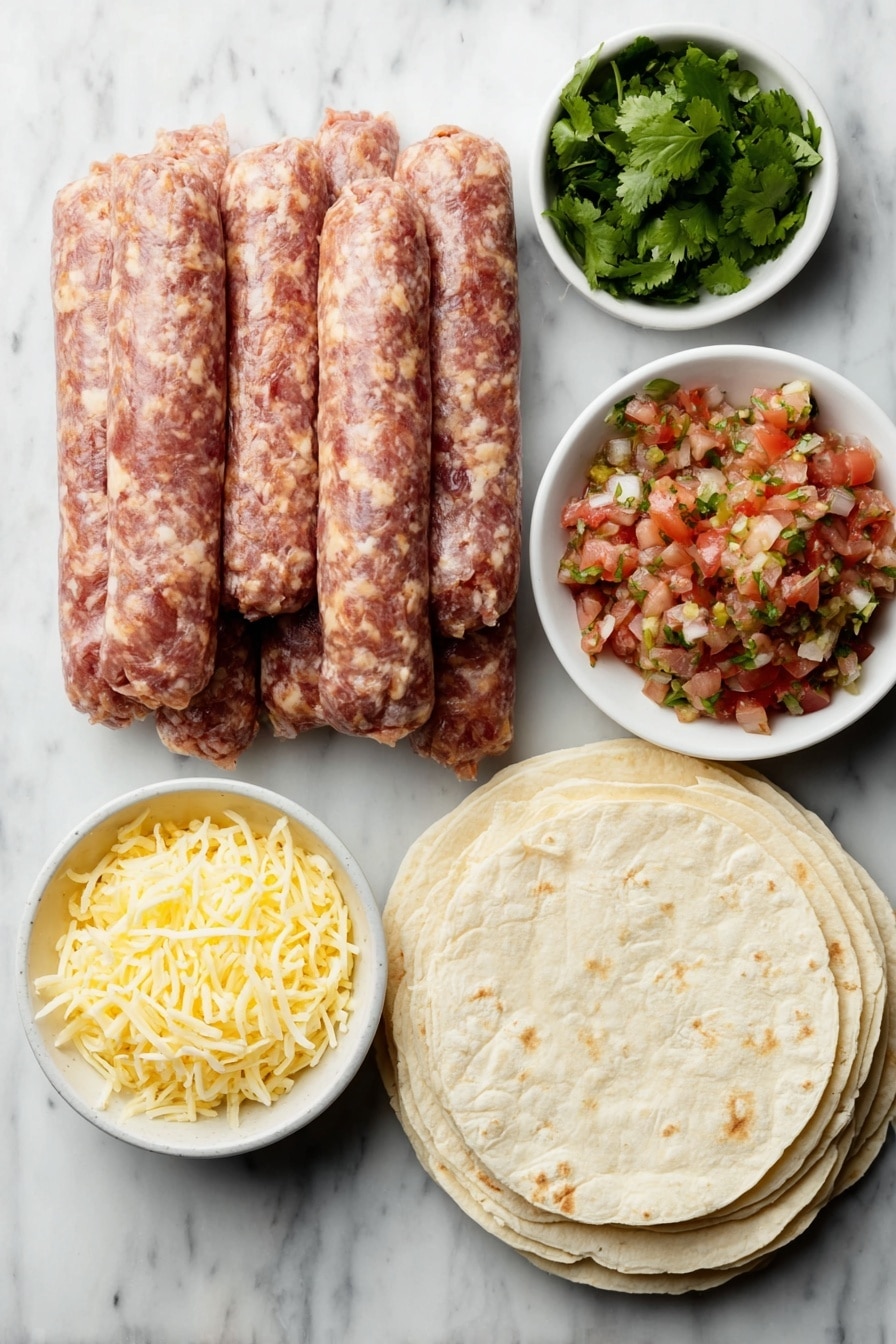 Flat lay of a small pile of fresh raw pork chorizo links, a small white bowl of chopped green chilis, a simple white ceramic plate with a mixed heap of shredded mozzarella, monterey jack, oaxaca, and panela cheeses, a small white bowl filled with vibrant homemade pico de gallo made of diced tomatoes, onions, and cilantro, fresh bright green cilantro leaves scattered loosely on the surface, and a neat stack of warm corn tortillas on a plain white ceramic plate placed symmetrically, all arranged with perfect balance and realistic proportions, placed on a clean white marble surface, soft natural light, photo taken with an iPhone, professional food photography style, fresh ingredients, white ceramic bowls, no bottles, no duplicates, no utensils, no packaging --ar 2:3 --v 7 --p awthu7i m7354615311229779997 - Queso Fundido with Chorizo, Green Chilis, and Pico de Gallo, cheesy Mexican dip, spicy appetizer recipe, best Queso Fundido, easy Mexican cheese dip