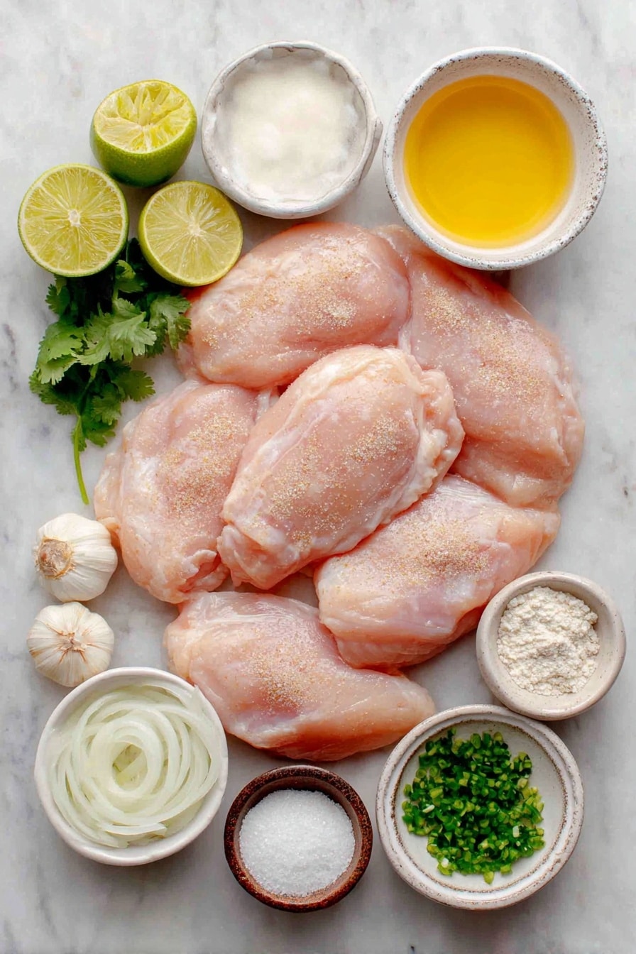 Flat lay of raw boneless skinless chicken breasts seasoned with brown sugar and salt, small sweet onion sliced into thin rounds, three peeled garlic cloves, two whole fresh limes with one halved to show inside, small white ceramic bowl of full-fat coconut milk, small white ceramic bowl with chopped fresh cilantro leaves, small white ceramic bowl of thinly sliced green onions, small white ceramic bowl with cornstarch powder, small white ceramic bowl with brown sugar, small white ceramic bowl with kosher salt, small white ceramic bowl of vegetable oil placed on a clean white marble surface, soft natural light, photo taken with an iPhone, professional food photography style, fresh ingredients, white ceramic bowls, no bottles, no duplicates, no utensils, no packaging --ar 2:3 --v 7 --p awthu7i m7354615311229779997 - Creamy Coconut Lime Chicken, coconut lime chicken, tropical chicken recipes, easy coconut chicken, zesty chicken dinner