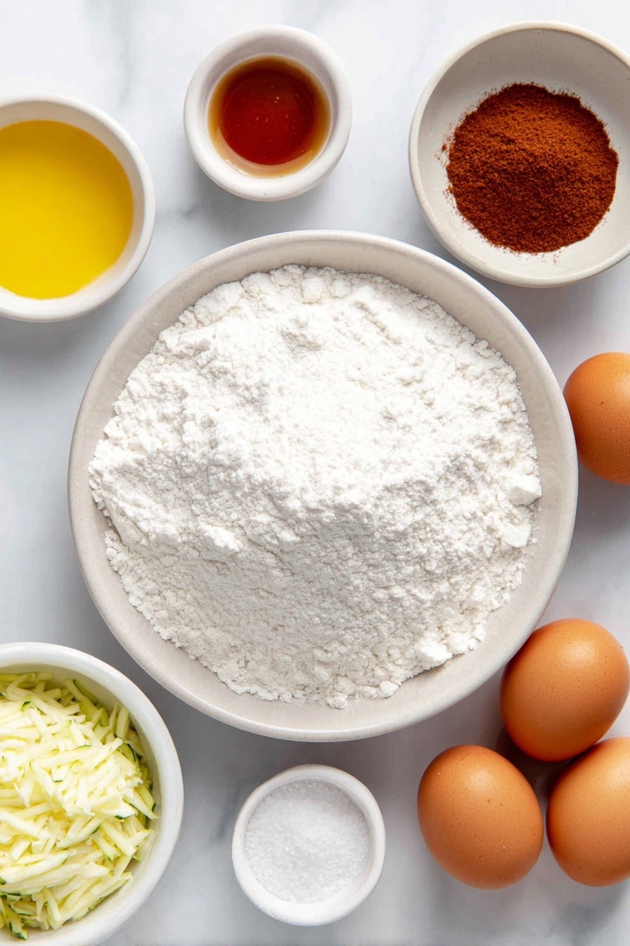 Flat lay of a small mound of all-purpose flour in a simple white ceramic bowl, a teaspoon heap of kosher salt, a teaspoon heap each of baking soda and baking powder, a tablespoon heap of ground cinnamon, three whole uncracked brown eggs, a small white bowl filled with golden vegetable oil, a small white bowl with amber vanilla extract, a small white bowl of granulated white sugar, two medium fresh green zucchinis, one medium white ceramic bowl filled with freshly grated zucchini, all ingredients arranged symmetrically with balanced proportions, placed on a clean white marble surface, soft natural light, photo taken with an iPhone, professional food photography style, fresh ingredients, white ceramic bowls, no bottles, no duplicates, no utensils, no packaging --ar 2:3 --v 7 --p awthu7i m7354615311229779997 - Mom's Zucchini Bread Muffins, zucchini bread muffin recipe, moist zucchini muffins, homemade zucchini muffins, cinnamon zucchini muffin recipe