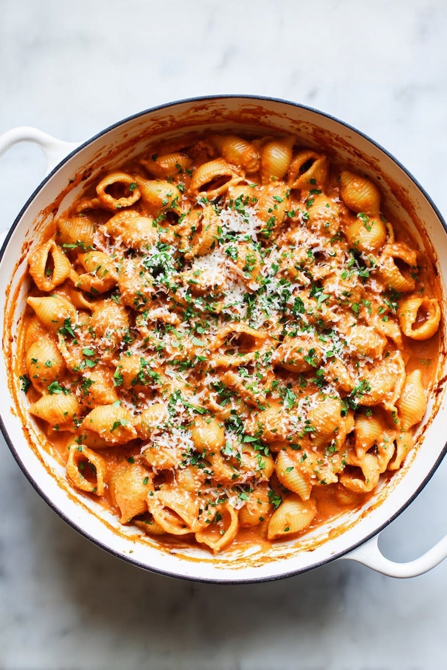 The image shows a white round pan filled with small shell-shaped pasta covered in a creamy, orange-red sauce. On top of the pasta, there is a sprinkling of finely chopped green herbs and grated white cheese. The edges of the pan have some sauce marks, adding a rustic feel. The pan sits on a white marbled surface, giving a clean and bright look. photo taken with an iphone --ar 2:3 --v 7 - Lemon Calabrian Chili Pasta, spicy lemon pasta, Calabrian chili pasta recipe, quick lemon chili pasta, flavorful pasta dishes