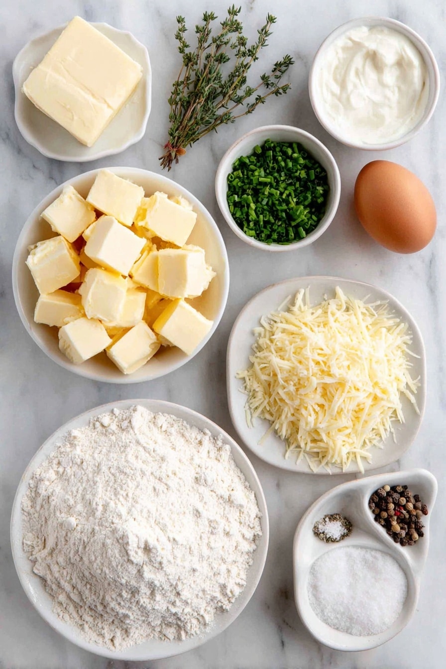 Flat lay of a small mound of all-purpose flour, a tablespoon of white sugar beside it, a teaspoon of coarse sea salt, a small bunch of fresh chives finely minced, a sprig of thyme with leaves picked, a few flat leaf parsley leaves finely chopped, several small cubes of chilled unsalted butter, a small white bowl of ice water, a few tablespoons of salted butter cubes, one small yellow onion peeled and diced, a small pile of cleaned chanterelle mushrooms with orange-yellow caps and stems, a pinch of sea salt crystals, a few whole black peppercorns, a small white bowl of smooth crème fraîche, a small pile of shredded gruyere cheese, a small thyme sprig, one whole uncracked brown egg — all arranged in perfect symmetry on simple white ceramic bowls and plates placed on a clean white marble surface, soft natural light, photo taken with an iPhone, professional food photography style, fresh ingredients, white ceramic bowls, no bottles, no duplicates, no utensils, no packaging --ar 2:3 --v 7 --p awthu7i m7354615311229779997 - Wild Mushroom Galette with Herb Crust, rustic mushroom tart, easy mushroom galette, herb crust tart, wild mushroom tart recipe