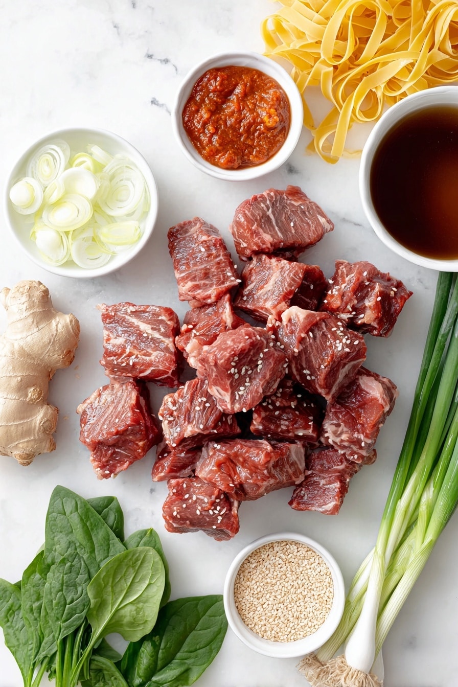 Flat lay of a small pile of raw short rib chunks with trimmed fat, a small white bowl of vibrant red gochujang sauce, a small white bowl of deep red tomato paste, a fresh ginger root piece and a small heap of finely minced ginger, six uncracked brown garlic cloves, a neatly arranged stack of thinly sliced shallot rings, a small white bowl of rich brown beef broth, a neat bundle of dry ramen noodles, a small bunch of fresh bright green spinach leaves, a few fresh green scallions with white bulbs, and a small white bowl filled with light brown sesame seeds, all placed on a clean white marble surface, soft natural light, photo taken with an iPhone, professional food photography style, fresh ingredients, white ceramic bowls, no bottles, no duplicates, no utensils, no packaging --ar 2:3 --v 7 --p awthu7i m7354615311229779997 - Spicy Short Rib Noodle Soup, Asian-inspired short rib soup, spicy beef noodle soup, quick short rib broth, comforting spicy ramen