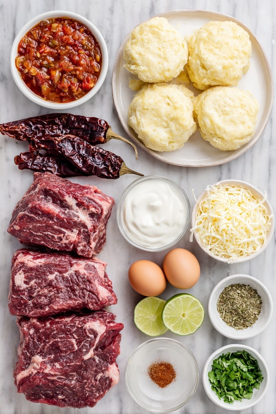 Flat lay of a small white ceramic bowl filled with diced fire-roasted tomatoes, three whole dried chipotle chiles, five peeled garlic cloves arranged neatly, a small white bowl of thick bright red tomato paste, a small white bowl with clear white vinegar, a small pile of dried oregano leaves, a small heap of ground cumin powder, a small heap of onion powder, a small heap of ground coriander, several chunks of raw beef chuck roast with visible marbling, two whole brown eggs with uncracked shells, a small white bowl of extra-virgin olive oil, a simple white ceramic plate holding raw biscuit dough rounds arranged side by side, a small mound of shredded mozzarella cheese, a small pile of finely chopped fresh cilantro leaves, a small heap of chopped yellow onion, a small white bowl of creamy sour cream, and several lime wedges with bright green rinds and juicy flesh all perfectly spaced and balanced on a clean white marble surface, soft natural light, photo taken with an iPhone, professional food photography style, fresh ingredients, white ceramic bowls, no bottles, no duplicates, no utensils, no packaging --ar 2:3 --v 7 --p awthu7i m7354615311229779997 - Cheesy Barbacoa Biscuit Bake, hearty barbacoa beef casserole, cheesy biscuit casserole, smoky beef biscuit bake, savory cheesy breakfast dish