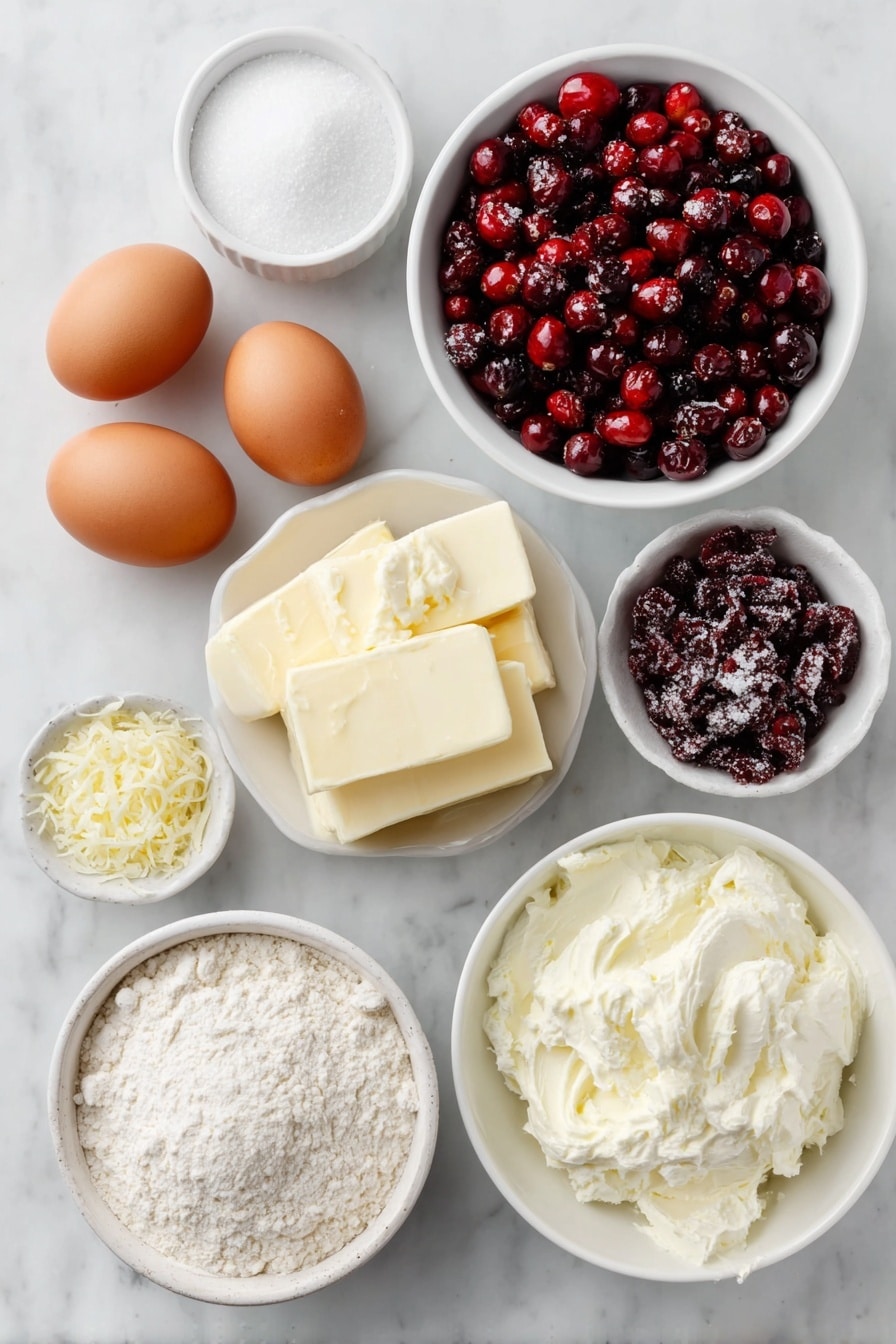 Flat lay of fresh whole cranberries, a small white bowl of superfine sugar, a small white bowl of granulated sugar, a small white bowl of chopped sweetened dried cranberries, a small white bowl of all-purpose flour, two uncracked brown eggs, a small white bowl of unsalted butter, a small white bowl of sour cream, a small white bowl of melted white chocolate, a small white bowl of cream cheese, a small white bowl of confectioners' sugar, a few thin strips of finely grated fresh orange zest, placed on a clean white marble surface, soft natural light, photo taken with an iPhone, professional food photography style, fresh ingredients, white ceramic bowls, no bottles, no duplicates, no utensils, no packaging --ar 2:3 --v 7 --p awthu7i m7354615311229779997 - Cranberry Bliss Cupcakes with White Chocolate Frosting, festive cranberry cupcakes, holiday cupcake recipes, white chocolate frosting dessert, easy holiday cupcake recipe