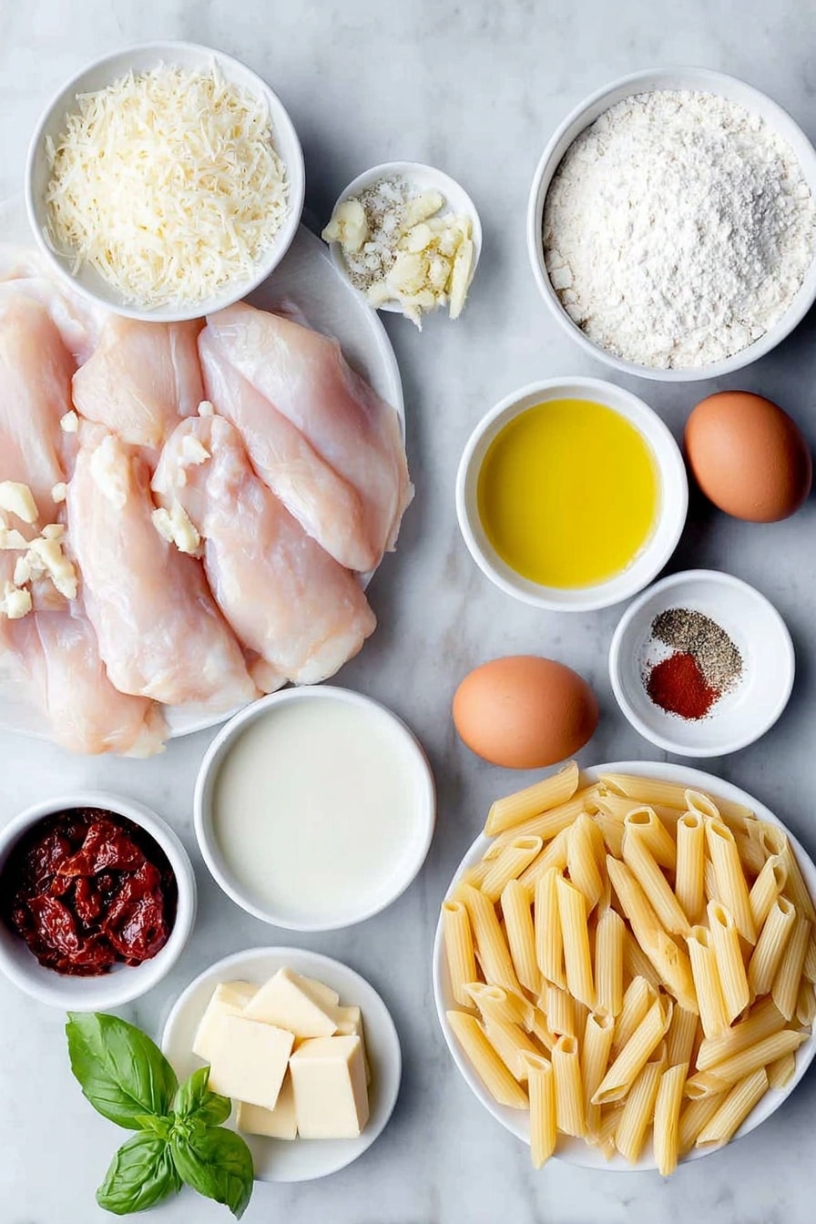 Flat lay of boneless skinless chicken pieces, a small pile of uncooked penne pasta, a few whole uncracked brown eggs, a small white bowl of golden olive oil, a small white bowl of softened butter cubes, a small white bowl with finely minced garlic, a small white bowl of pale all-purpose flour, a small white bowl of clear chicken broth, a small white bowl of heavy cream, a small white bowl filled with grated parmesan cheese, a small white bowl of deep red sun-dried tomatoes, a small white bowl of red paprika powder, a small white bowl containing dried Italian seasoning herbs, fresh bright green basil sprigs placed neatly, all arranged in perfect symmetry on simple white ceramic bowls and plates, placed on a clean white marble surface, soft natural light, photo taken with an iPhone, professional food photography style, fresh ingredients, white ceramic bowls, no bottles, no duplicates, no utensils, no packaging --ar 2:3 --v 7 --p m7354615311229779997 - Marry Me Chicken Pasta, Creamy Chicken Pasta, Easy Chicken Pasta Recipes, Romantic Dinner Ideas, Comfort Food Recipes