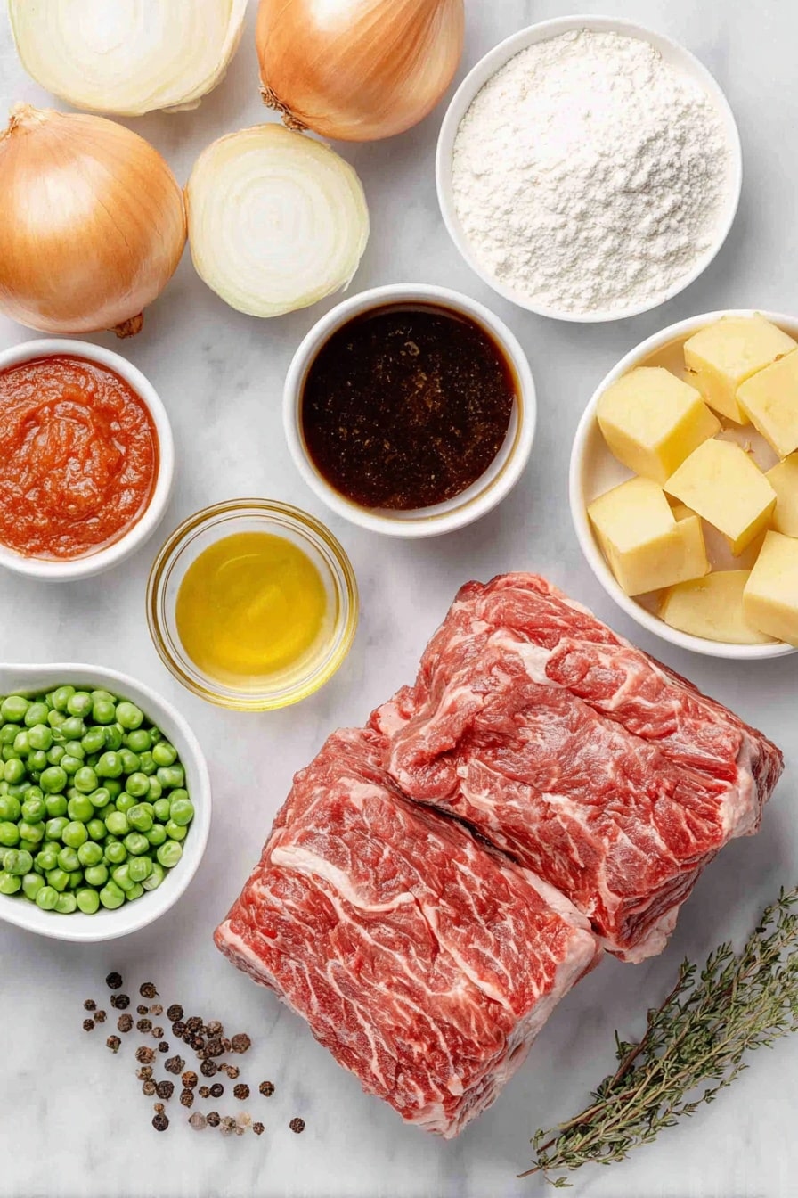 Flat lay of fresh raw beef chunks, two medium yellow onions quartered and sliced, five cloves of garlic whole and unpeeled, a small white ceramic bowl of all-purpose flour, a small white ceramic bowl of bright red tomato paste, a small white ceramic bowl of clear golden olive oil, a small white ceramic bowl of rich brown Worcestershire sauce, dried bay leaves arranged neatly, small fresh sprigs of dried thyme and oregano, four medium fresh carrots cut into 1-inch chunks, several Yukon gold potatoes cut into cubes, a small white ceramic bowl filled with frozen green peas, a small white ceramic bowl of deep brown beef broth, whole brown and white peppercorns scattered for salt and pepper representation, all ingredients spaced evenly and symmetrically placed on a clean white marble surface, soft natural light, photo taken with an iPhone, professional food photography style, fresh ingredients, white ceramic bowls, no bottles, no duplicates, no utensils, no packaging --ar 2:3 --v 7 --p m7354615311229779997 - Hearty Dutch Oven Beef Stew, Dutch Oven beef stew, hearty beef stew recipe, comfortable beef stew, easy beef stew dinner