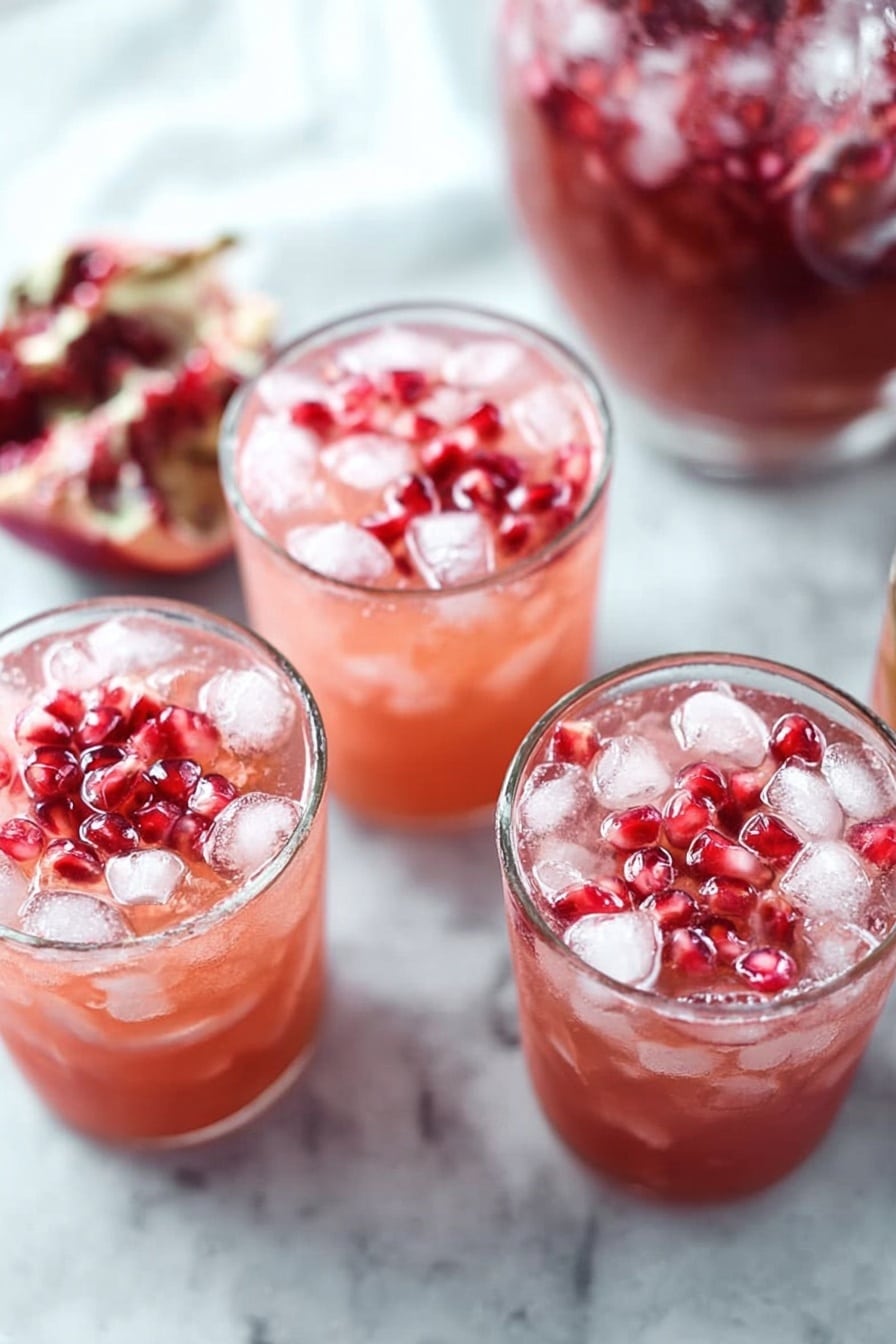 The image shows four short round glasses filled with a light orange drink, topped with crushed ice and a small handful of bright red and dark red berries. The drink appears slightly cloudy with a refreshing look, and the glasses are placed on a white marbled surface with a soft white cloth underneath. In the background, there is a white marbled bowl with a red liquid inside. The whole scene is bright and airy, with a focus on the cool, colorful drinks that have a smooth texture in the glass. photo taken with an iphone --ar 2:3 --v 7 - Cranberry Cider Punch, festive punch recipes, autumn holiday drinks, easy holiday punch, cranberry cider cocktail