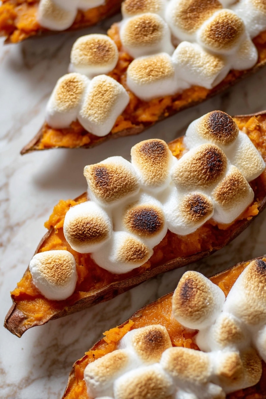 The image shows a white plate holding several halves of baked sweet potatoes, each one filled with bright orange mashed sweet potato. On top of each filling is a layer of toasted marshmallows, golden brown on the top and soft white below, arranged closely together covering the mashed sweet potato. The skin of the sweet potatoes is dark brown, slightly wrinkled, and visible around the edges. There is a light dusting of ground spice sprinkled on the plate and sweet potatoes. The whole dish is set on a white marbled surface. Photo taken with an iphone --ar 2:3 --v 7 - Maple Marshmallow Twice-Baked Sweet Potatoes, sweet potato side dishes, holiday sweet potato recipes, easy baked sweet potatoes, cozy sweet potato sides