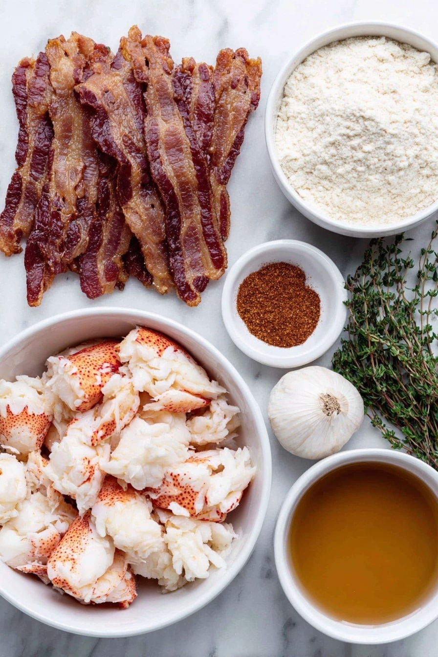 Flat lay of crisp chopped bacon strips, a small white ceramic bowl of diced yellow onion, two whole garlic cloves unpeeled, a small white bowl holding a mound of all-purpose flour, scattered paprika powder and dried thyme sprigs arranged neatly, a simple white bowl filled with golden chicken broth, diced unpeeled Yukon gold potatoes in a white bowl, a white bowl containing heavy cream, bright red cooked lobster chunks, a small heap of coarse salt, a small pile of cracked black peppercorns, and fresh sprigs of dill and parsley, all placed with perfect symmetry on a clean white marble surface, soft natural light, photo taken with an iPhone, professional food photography style, fresh ingredients, white ceramic bowls, no bottles, no duplicates, no utensils, no packaging --ar 2:3 --v 7 --p m7354615311229779997 - Lobster Chowder, Lobster Chowder recipe, How to make Lobster Chowder, Creamy Lobster Chowder, Lobster soup recipe