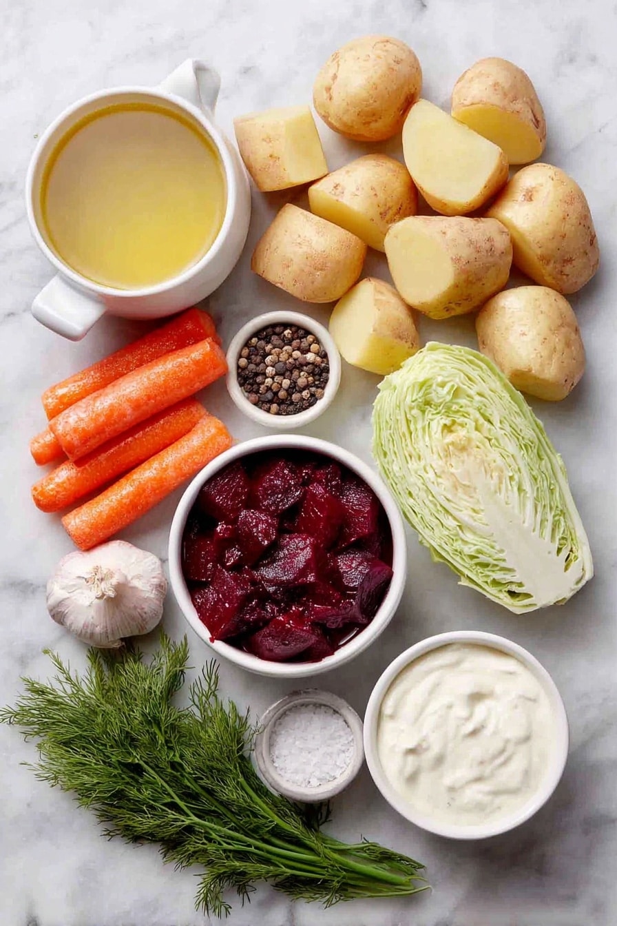 Flat lay of a small white ceramic bowl of golden olive oil, a few bright orange chopped carrots, several irregularly cubed pale yellow potatoes, a small pile of thinly sliced pale green cabbage, one whole garlic clove, a small white ceramic bowl filled with deep red chopped beets, another small white ceramic bowl of clear light golden vegetable broth, a small white ceramic bowl with coarse salt, a small white ceramic bowl with cracked black peppercorns, a small white ceramic bowl of creamy white sour cream, and a small bunch of fresh green dill sprigs, all arranged symmetrically and naturally placed on a clean white marble surface, soft natural light, photo taken with an iPhone, professional food photography style, fresh ingredients, white ceramic bowls, no bottles, no duplicates, no utensils, no packaging --ar 2:3 --v 7 --p m7354615311229779997 - Hearty Beet Borscht, beet borscht recipe, healthy beet soup, vegetarian borscht, easy beet soup