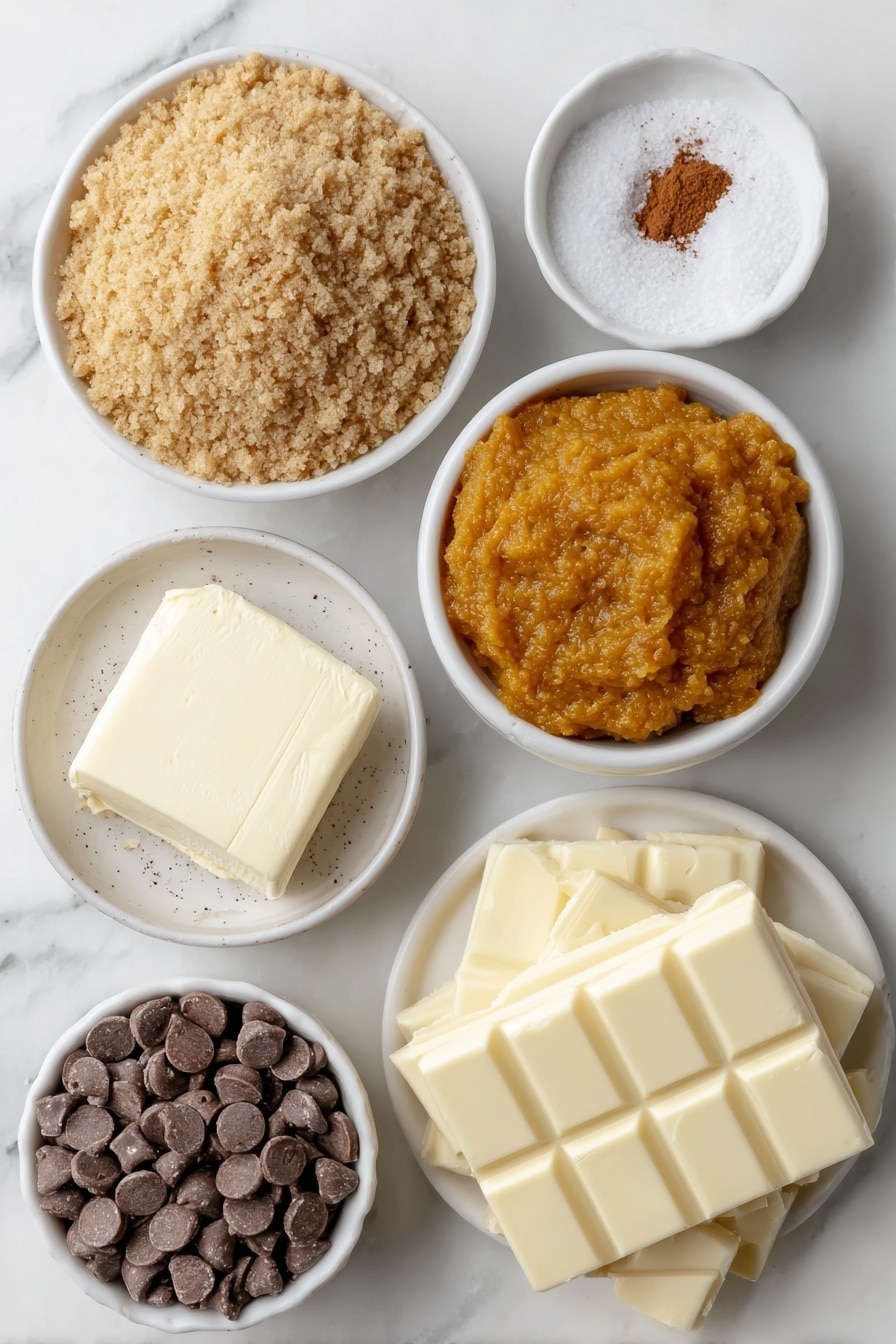 Flat lay of a small mound of golden brown gingersnap cookie crumbs, a neat heap of light tan graham cracker crumbs, a square of smooth cream cheese, a small white ceramic bowl of bright orange pumpkin puree, a tiny white ceramic bowl with fine ground cinnamon, a pinched pile of coarse salt crystals, a small white ceramic bowl filled with pure white powdered sugar, a white ceramic bowl holding glossy white chocolate chips, and a plate with irregular chunks of white almond bark, all neatly arranged with perfect symmetry and realistic proportions, placed on a clean white marble surface, soft natural light, photo taken with an iPhone, professional food photography style, fresh ingredients, white ceramic bowls, no bottles, no duplicates, no utensils, no packaging --ar 2:3 --v 7 --p m7354615311229779997 - Pumpkin Cream Cheese Truffles, pumpkin truffles, no-bake fall treats, holiday dessert ideas, easy pumpkin sweets