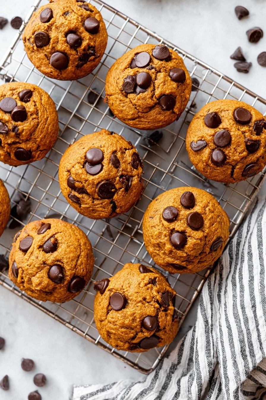 The image shows a small stack of chocolate chip cookies on a black cooling rack set on a white marbled surface. The cookies are golden brown with dark chocolate chips scattered on top and inside, giving a slightly bumpy texture. One cookie is broken in half and placed on top of the stack, showing its soft, crumbly inside with melting chocolate chips. Around the cooling rack, a few loose chocolate chips are scattered. In the background, a simple round white bowl holds more chocolate chips, and the scene is softly lit with a clean, bright look. photo taken with an iphone --ar 2:3 --v 7 - Pumpkin Chocolate Chip Cookies, easy fall cookies, quick pumpkin treats, soft pumpkin cookies, holiday cookie recipes