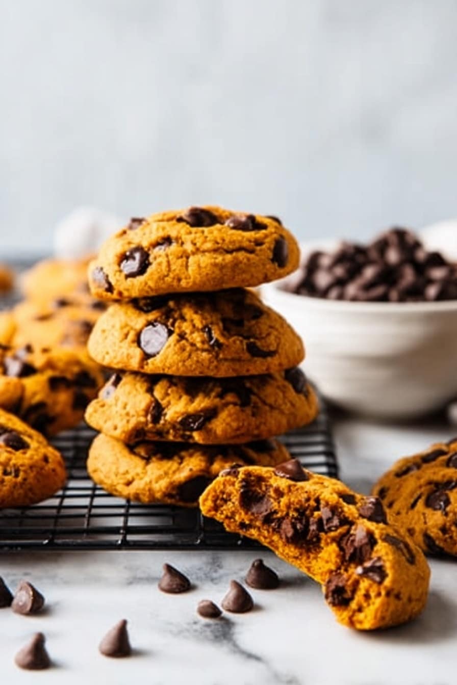The image shows a group of golden-brown chocolate chip cookies stacked on a black wire rack with some cookies lying around it. The front stack has a cookie broken in half with the inside visible, showing soft texture and dark chocolate chips. The cookies have a slightly rough surface with scattered chocolate chips on top. Behind them, there is a white bowl filled with more chocolate chips. The entire scene is set on a white marbled surface with a blurred light background. Photo taken with an iphone --ar 2:3 --v 7 - Pumpkin Chocolate Chip Cookies, easy fall cookies, quick pumpkin treats, soft pumpkin cookies, holiday cookie recipes