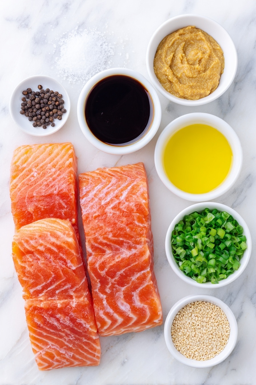 Flat lay of fresh salmon filets with bright pink-orange flesh, a small heap of coarse sea salt crystals and whole black peppercorns scattered nearby, a small white ceramic bowl filled with rich beige miso paste, another bowl holding dark amber soy sauce, a third bowl containing golden brown granulated sugar, a fourth bowl with clear, pale rice vinegar, a fifth bowl showing glossy amber sesame oil, a small cluster of vibrant green chopped scallions, and a tiny white bowl filled with tan sesame seeds all arranged symmetrically in balanced proportions, placed on a clean white marble surface, soft natural light, photo taken with an iPhone, professional food photography style, fresh ingredients, white ceramic bowls, no bottles, no duplicates, no utensils, no packaging --ar 2:3 --v 7 --p m7354615311229779997 - Miso Glazed Salmon, miso salmon recipe, healthy salmon recipes, easy salmon dinner, flavorful salmon dishes