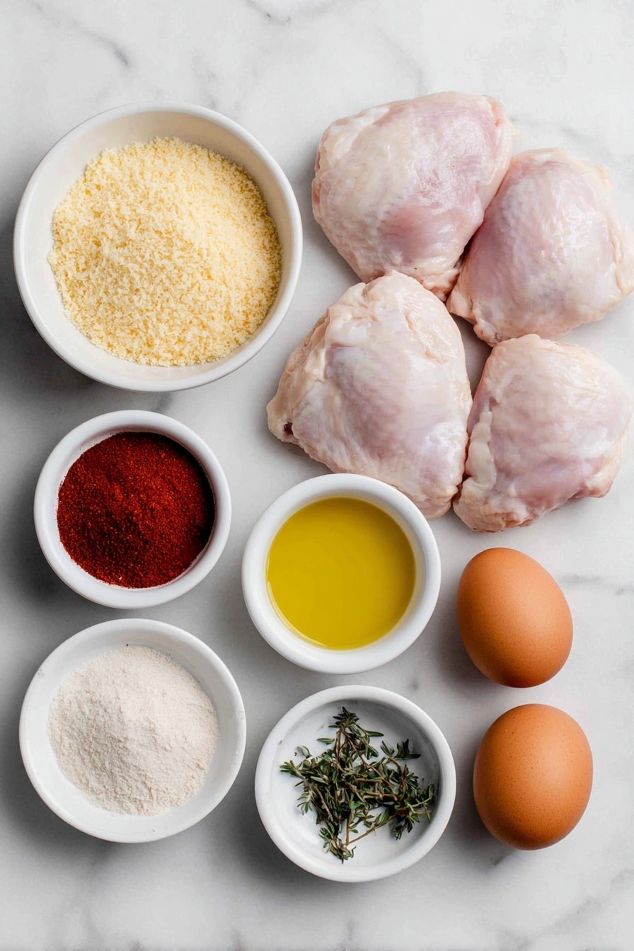 Flat lay of a shallow white ceramic bowl filled with golden panko bread crumbs, a small white bowl with glossy olive oil, a small white bowl containing deep red paprika powder, a small white bowl with dried thyme leaves, a small white bowl with pale beige garlic powder, a small white bowl with bright red cayenne pepper, a small white bowl holding coarse salt and freshly ground black pepper mixed, three large whole uncracked brown eggs, and four plump raw bone-in, skinless chicken thighs with trimmed excess fat arranged neatly, all placed on a clean white marble surface, soft natural light, photo taken with an iPhone, professional food photography style, fresh ingredients, white ceramic bowls, no bottles, no duplicates, no utensils, no packaging --ar 2:3 --v 7 --p m7354615311229779997 - Oven Fried Chicken Thighs, crispy baked chicken thighs, easy healthy chicken dinner, juicy oven-fried chicken, crunchy baked chicken recipe