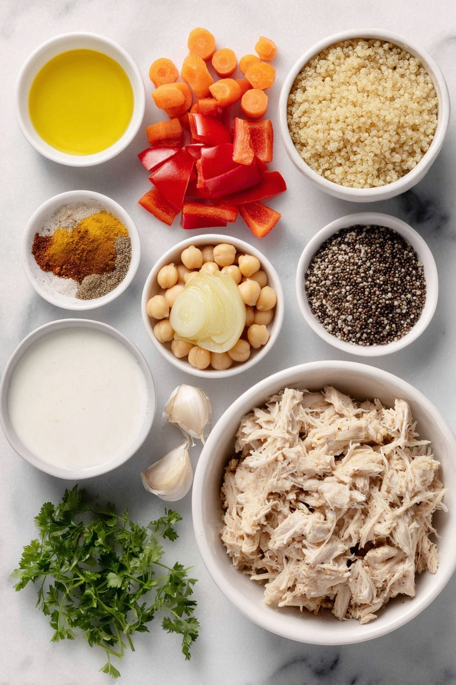Flat lay of a small pool of golden olive oil in a white ceramic bowl, three fresh medium orange carrots diced, one large yellow onion chopped, one large red bell pepper diced, a small mound of finely minced fresh ginger, six peeled garlic cloves whole (unminced), small piles of ground coriander, ground cumin, paprika, turmeric, ground cinnamon, and a pinch of cayenne pepper arranged side by side, a small white bowl filled with rinsed dry quinoa grains, a small white bowl with creamy coconut milk, a small white bowl with cooked shredded chicken breast pieces, a small white bowl of drained chickpeas, and fresh chopped cilantro sprigs scattered neatly—all placed on a clean white marble surface, soft natural light, photo taken with an iPhone, professional food photography style, fresh ingredients, white ceramic bowls, no bottles, no duplicates, no utensils, no packaging --ar 2:3 --v 7 --p m7354615311229779997 - Curry Chicken Quinoa Soup, healthy curry chicken soup, easy quinoa chicken soup, flavorful chicken and quinoa recipe, comforting curry soup