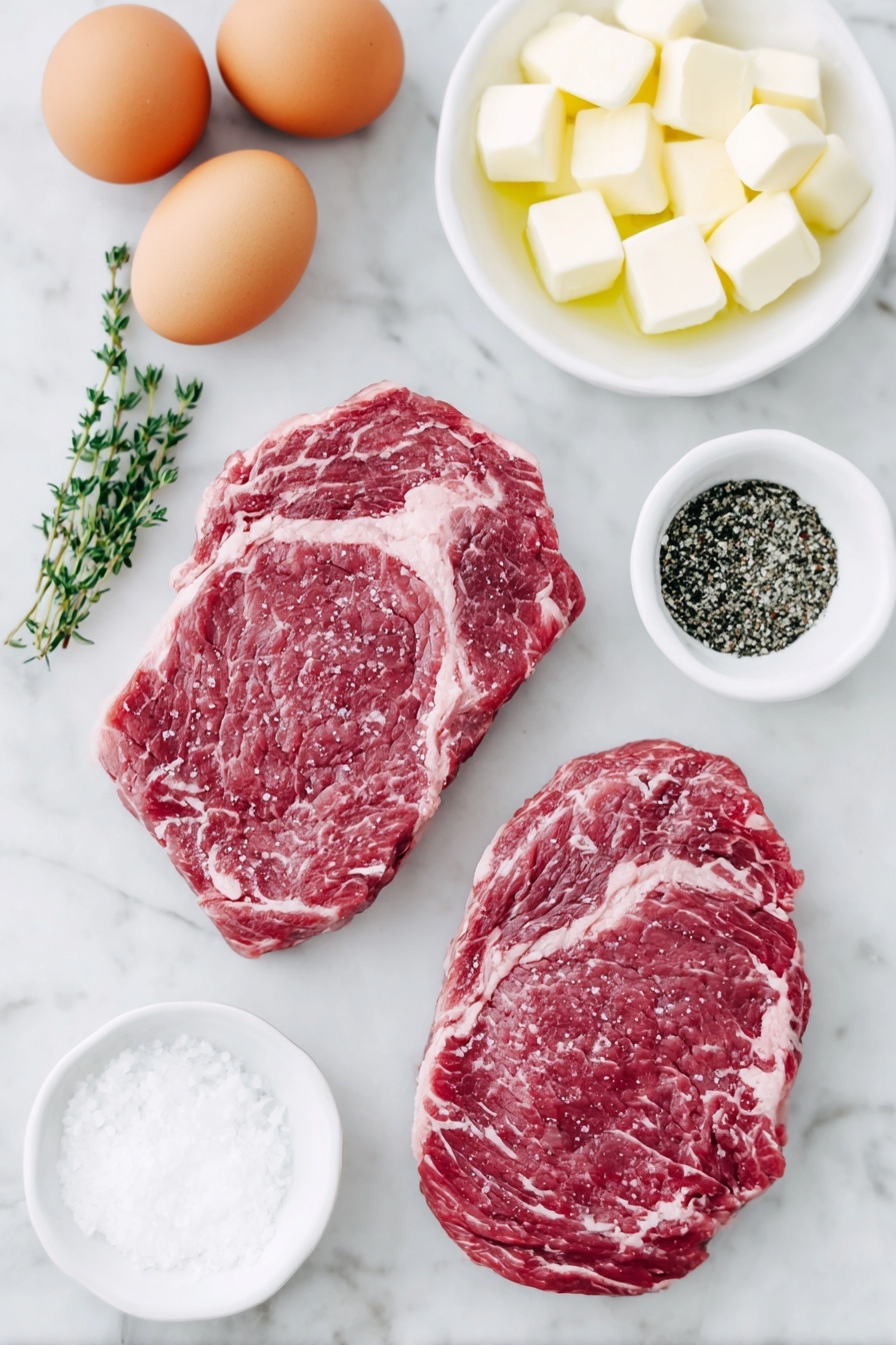 Flat lay of two raw ribeye steaks with marbling, a small white bowl of clear vegetable oil, a small white bowl of coarse kosher salt, a small white bowl of freshly ground black pepper, two uncracked brown eggs, a small white bowl with two peeled and smashed garlic cloves, a small white bowl with chunks of unsalted butter, and two fresh thyme sprigs arranged symmetrically around the steaks, all placed on a clean white marble surface, soft natural light, photo taken with an iPhone, professional food photography style, fresh ingredients, white ceramic bowls, no bottles, no duplicates, no utensils, no packaging --ar 2:3 --v 7 --p m7354615311229779997 - Seared Garlic Butter Steak, gourmet steak, perfect steak sear, garlic butter steak, easy steak dinner