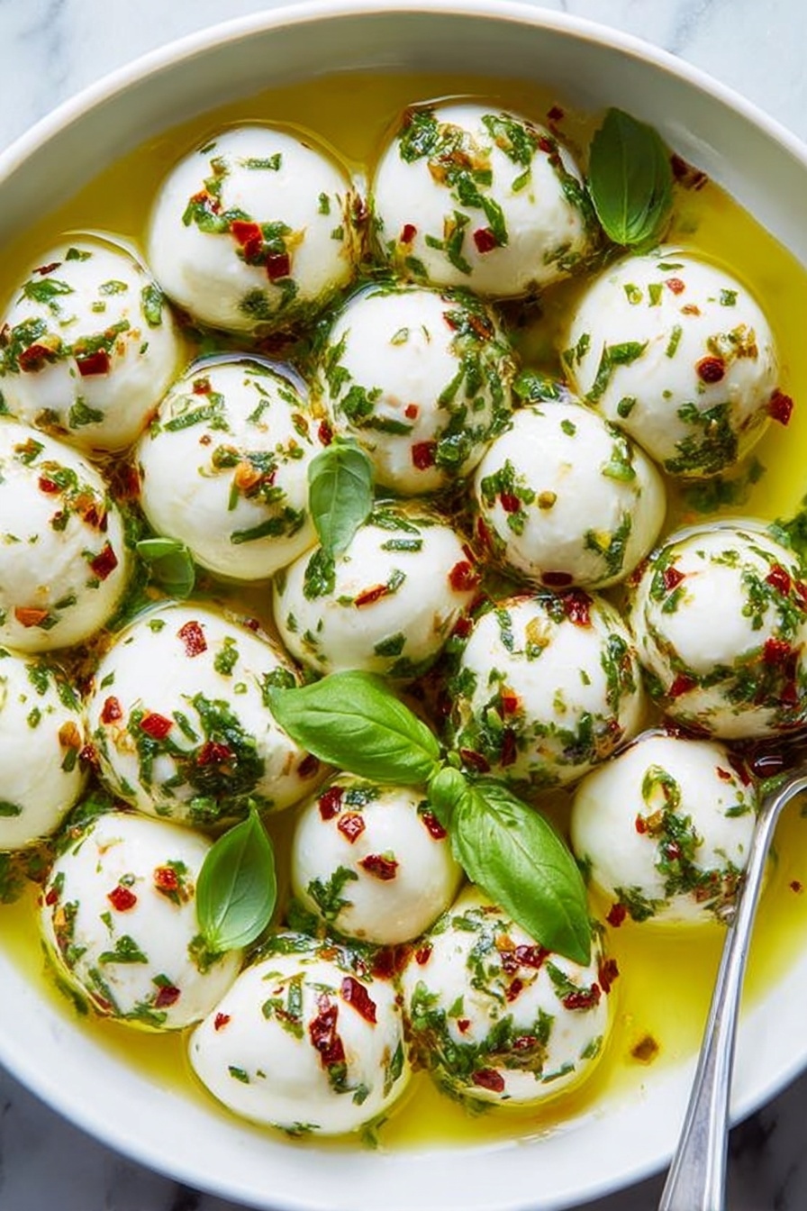 The image shows a white bowl filled with many small, round balls of fresh white mozzarella cheese, each topped with small green pieces of chopped herbs and sprinkled with red chili flakes. The cheese balls sit in a golden yellow oil that gleams with small bits of herbs floating in it. Bright green basil leaves are placed among the cheese balls, adding color contrast. A silver spoon, held by a woman's hand, lifts two cheese balls from the bowl, with oil dripping from the spoon. The bowl is placed on a white marbled surface, and a piece of sliced bread is visible on the left side. photo taken with an iphone --ar 2:3 --v 7 - Mozzarella Bites with Basil and Red Pepper, Mozzarella Bites, Basil and Red Pepper Appetizer, Fresh Cheese Snack, Easy Mozzarella Snack