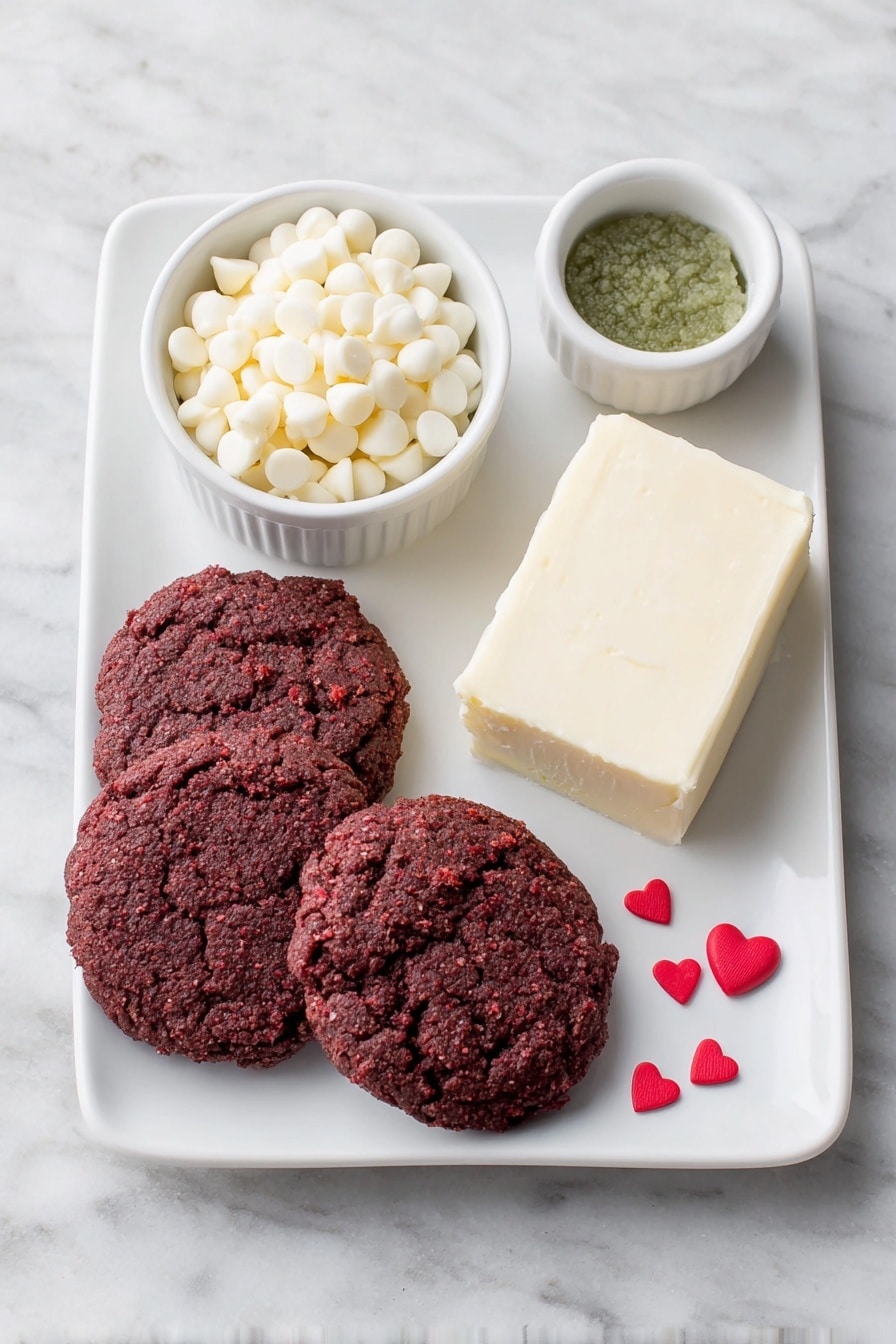 Flat lay of three unwrapped chewy red velvet cookies with visible red crumbs, a block of smooth cream cheese with a creamy texture, white chocolate chips in a small white ceramic bowl, a small white bowl of vibrant green food coloring gel, and a few glossy red heart sprinkles scattered on a simple white ceramic plate, all arranged with perfect symmetry on a clean white marble surface, soft natural light, photo taken with an iPhone, professional food photography style, fresh ingredients, white ceramic bowls, no bottles, no duplicates, no utensils, no packaging --ar 2:3 --v 7 --p m7354615311229779997 - Grinchy Red Velvet Cake Bites, festive holiday treats, Christmas cake bites, green chocolate cake pops, holiday dessert recipes