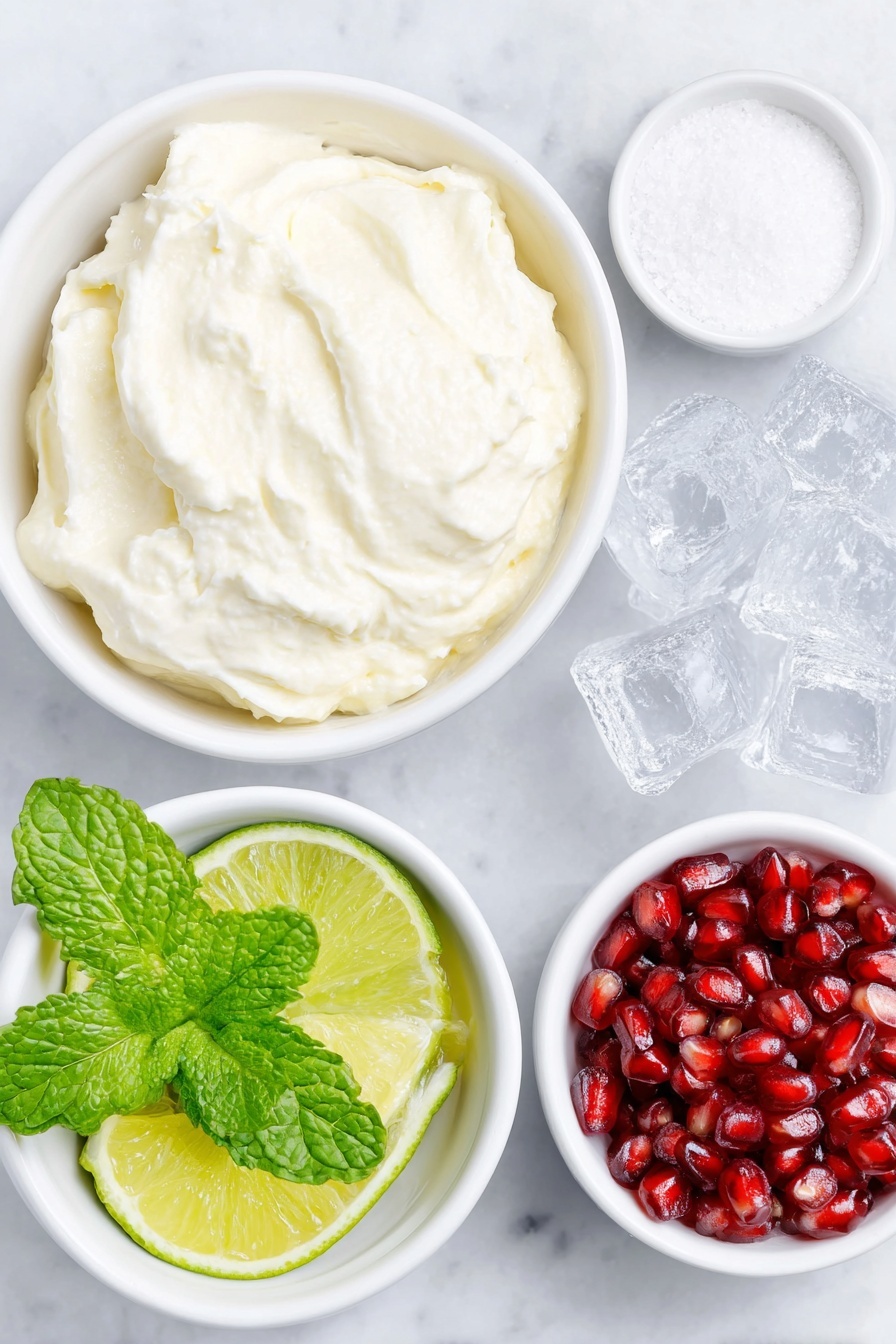 Flat lay of a small white ceramic bowl filled with thick coconut cream, a small white ceramic bowl of white granulated sugar, a few fresh bright green mint leaves and a single mint sprig, a small white ceramic bowl of fresh lime juice with a lime wedge beside it, a handful of translucent ice cubes scattered beside the bowls, a small white ceramic bowl holding ruby red pomegranate seeds, all arranged symmetrically on a clean white marble surface, soft natural light, photo taken with an iPhone, professional food photography style, fresh ingredients, white ceramic bowls, no bottles, no duplicates, no utensils, no packaging --ar 2:3 --v 7 --p m7354615311229779997 - White Coconut Mint Mojito, tropical mojito recipe, coconut mojito cocktail, mint and lime mojito, refreshing summer drinks