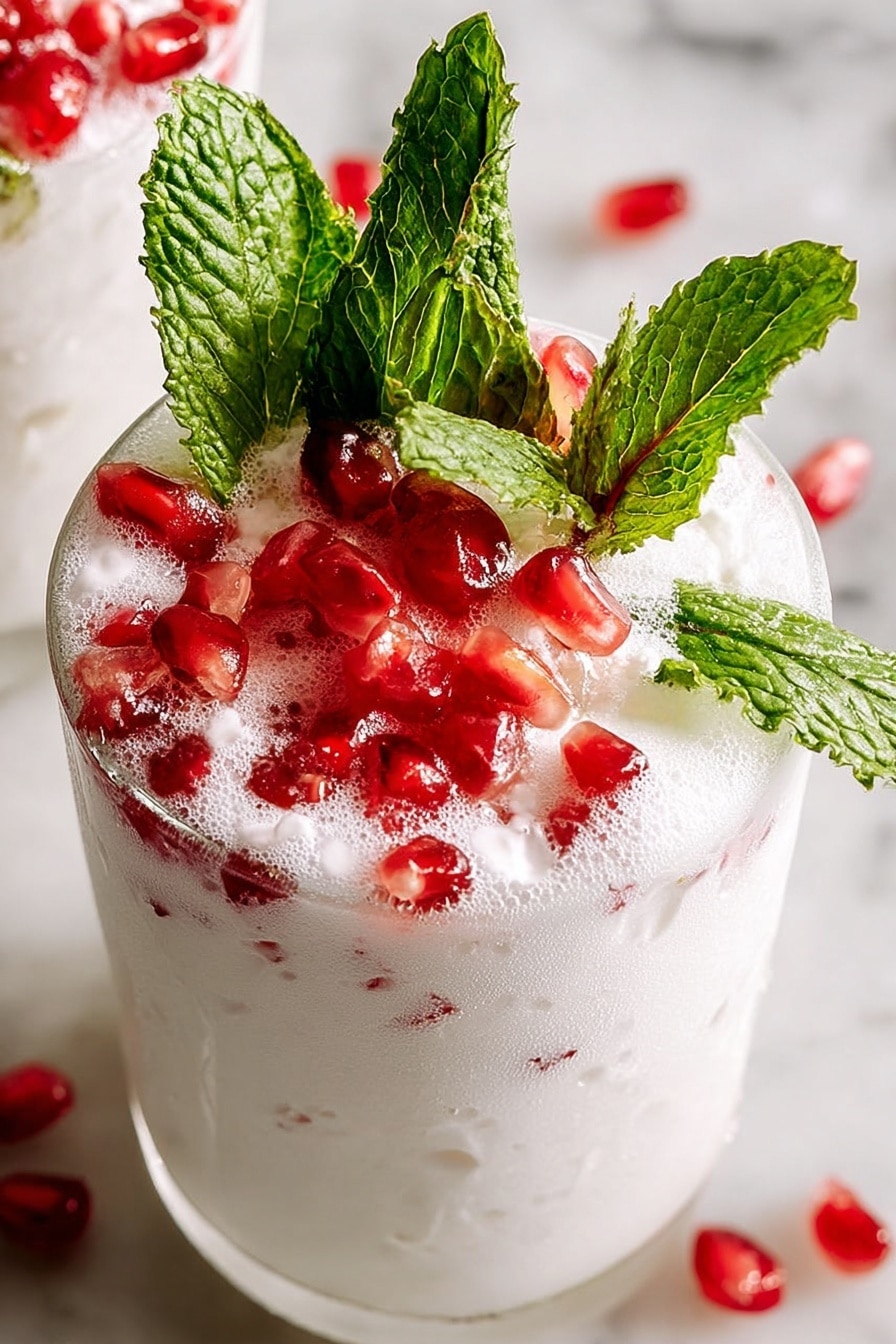 A close-up view of a white glass filled with a frothy white drink that slightly overflows at the rim. The top layer is covered with bright red pomegranate seeds scattered unevenly and fresh green mint leaves standing upright in the foam. Some pomegranate seeds have fallen around the glass on a white marbled surface visible in the background. The texture of the foam is airy and light, contrasting with the smooth glass and glossy seeds. photo taken with an iphone --ar 2:3 --v 7 - White Coconut Mint Mojito, tropical mojito recipe, coconut mojito cocktail, mint and lime mojito, refreshing summer drinks