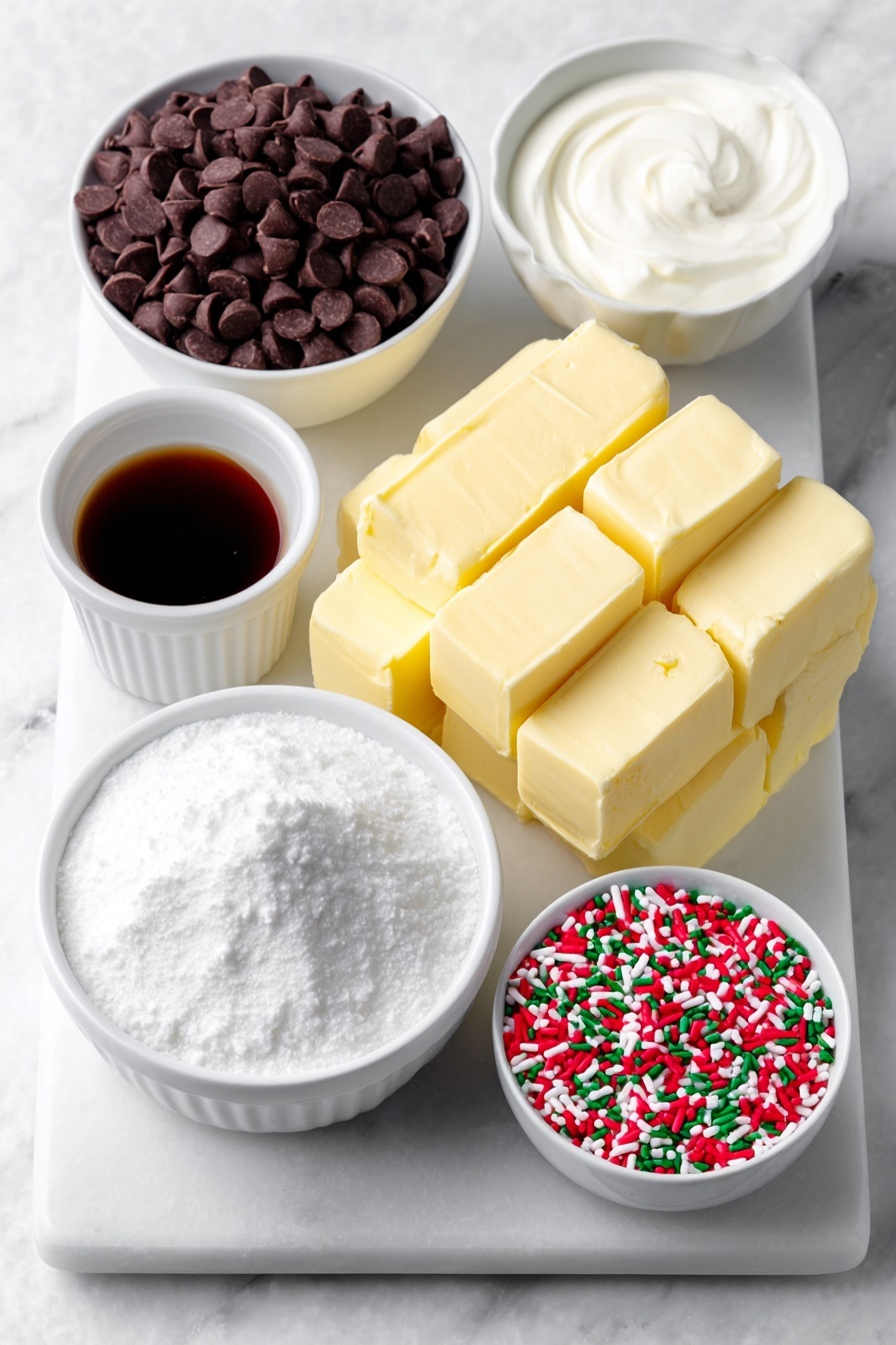 Flat lay of cubed unsalted butter, dark chocolate chips, a small white bowl of sweetened condensed milk, a small white bowl of pure vanilla extract, a small white bowl of kosher salt, and a small white bowl filled with colorful Christmas sprinkles, all arranged in perfect symmetry on a clean white ceramic surface, placed on a clean white marble surface, soft natural light, photo taken with an iPhone, professional food photography style, fresh ingredients, white ceramic bowls, no bottles, no duplicates, no utensils, no packaging --ar 2:3 --v 7 --p m7354615311229779997 - Christmas Chocolate Fudge, holiday chocolate fudge, easy Christmas fudge, festive fudge recipe, creamy chocolate fudge