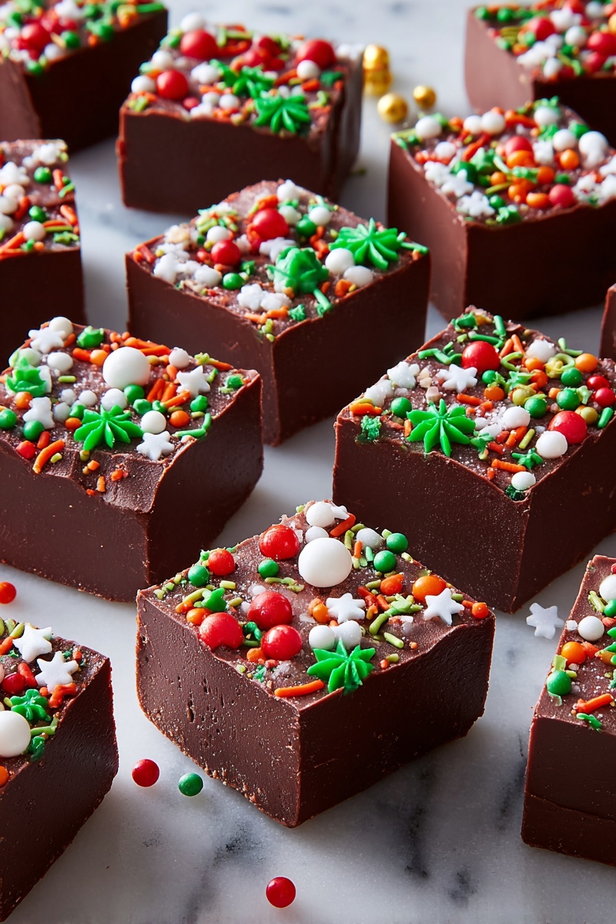The image shows many square pieces of dark brown chocolate fudge scattered on a white marbled surface, each piece topped with colorful Christmas-themed sprinkles. The sprinkles are red, green, white, and orange, with shapes including small rods, round balls, and white snowflake-like decorations. Each piece looks smooth on top with a firm texture, and the sides reveal a thick, dense chocolate layer. The pieces are arranged randomly with some overlapping others. Photo taken with an iphone --ar 2:3 --v 7 - Christmas Chocolate Fudge, holiday chocolate fudge, easy Christmas fudge, festive fudge recipe, creamy chocolate fudge