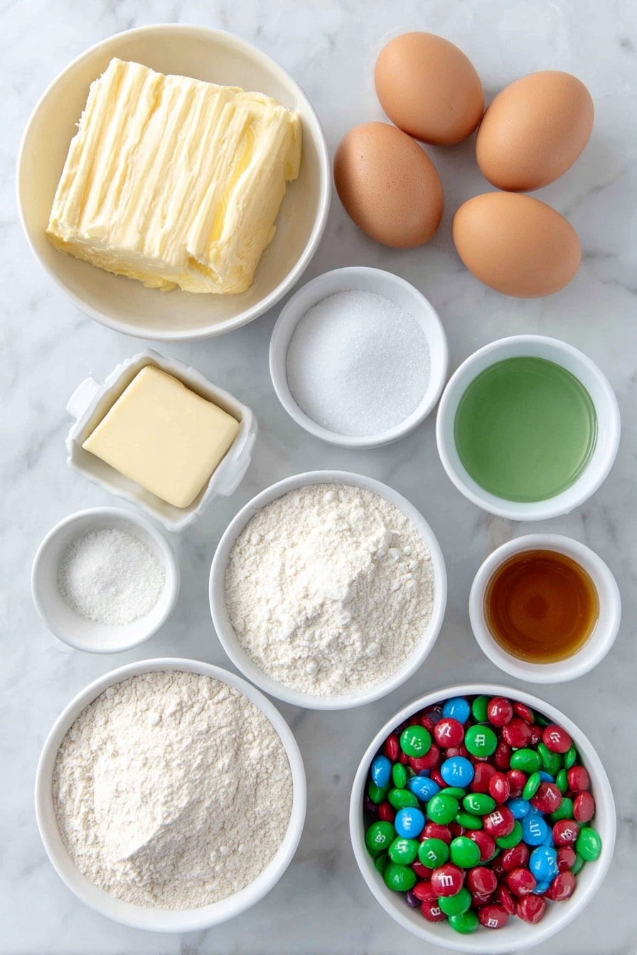 Flat lay of a small white ceramic bowl of softened unsalted butter, a small white ceramic bowl of granulated sugar, two whole clean brown eggs, a small white ceramic bowl of clear vanilla extract, a small white ceramic bowl with bright green liquid food coloring, a small white ceramic bowl filled with all-purpose flour, a small white ceramic bowl containing fine white corn starch, a small white ceramic bowl of baking powder, a small white ceramic bowl of baking soda, a small white ceramic bowl of fine salt, a small white ceramic bowl filled with vibrant red and green M&M candies, all arranged symmetrically on a clean white ceramic surface, placed on a clean white marble surface, soft natural light, photo taken with an iPhone, professional food photography style, fresh ingredients, white ceramic bowls, no bottles, no duplicates, no utensils, no packaging --ar 2:3 --v 7 --p m7354615311229779997 - Grinch Cookies with M&Ms, festive Christmas cookies, holiday baking ideas, colorful holiday cookies, easy Grinch cookie recipe