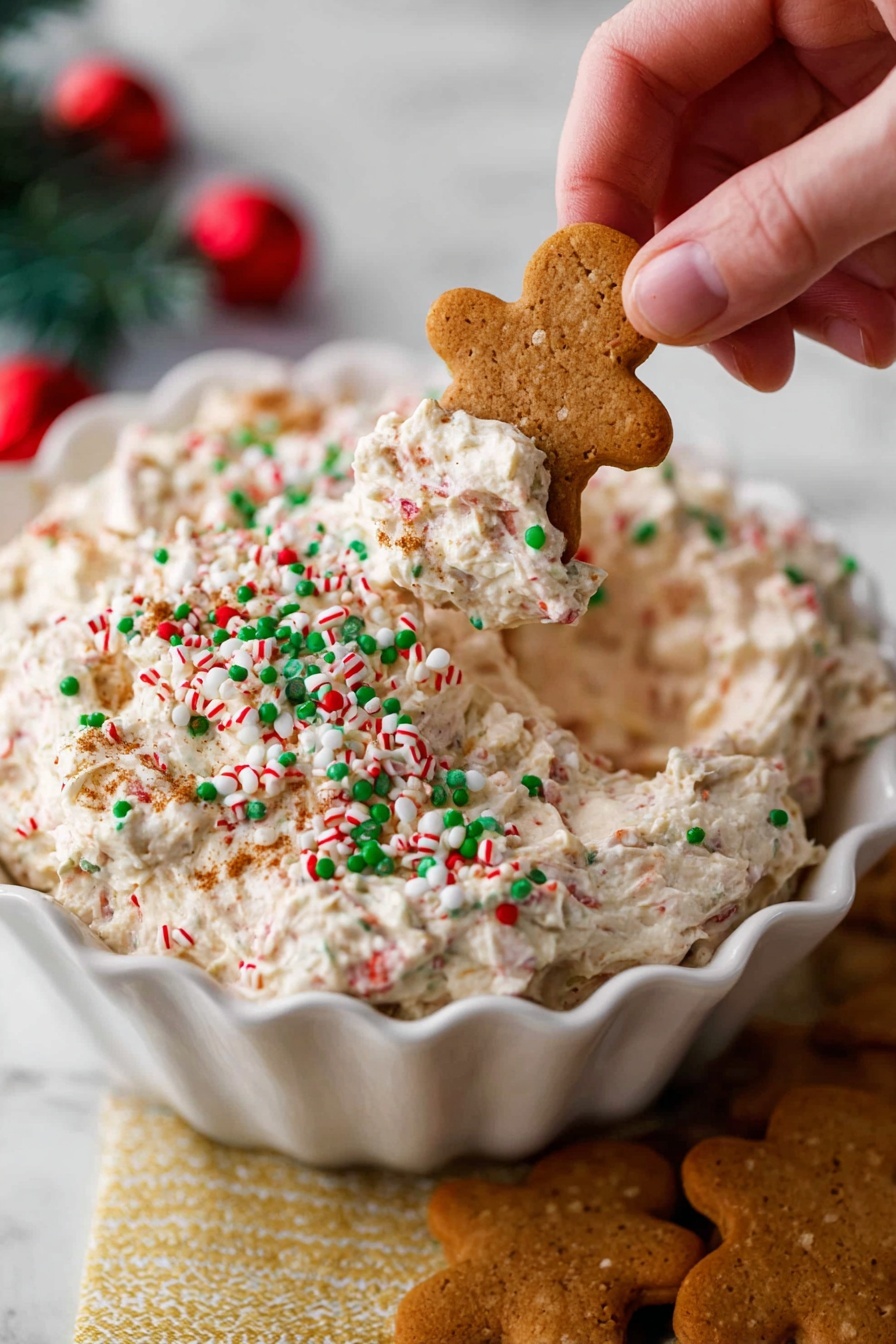A white scalloped bowl is filled with a fluffy, light beige dip that has small red and green bits mixed inside. On top of the dip, there are red, green, and white round and rod-shaped sprinkles scattered. A small gingerbread man cookie partially stands on one side of the dip. Around the white bowl, there are various Christmas-themed cookies, including yellow and white ones shaped like stockings and other holiday shapes. The bowl and cookies are placed on a wooden board on a white marbled surface, with a small part of a red and white striped cloth visible in the corner. photo taken with an iphone --ar 2:3 --v 7 - Christmas Tree Cake Dip, festive holiday dip, quick holiday dessert, Christmas party appetizer, creamy cake dip