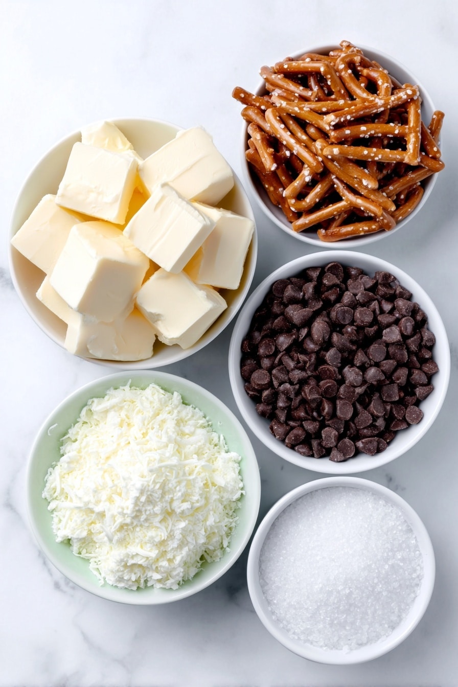 Flat lay of a small white ceramic bowl filled with bright golden unsalted butter chunks, a small white ceramic bowl holding rich dark brown packed sugar, a tiny white ceramic bowl containing fine pale sea salt, a neat pile of crushed golden brown pretzels, a small white ceramic bowl heaped with glossy semi-sweet chocolate chips, and a small white ceramic bowl with delicate flakes of sea salt, all arranged with perfect symmetry and balanced spacing, placed on a clean white marble surface, soft natural light, photo taken with an iPhone, professional food photography style, fresh ingredients, white ceramic bowls, no bottles, no duplicates, no utensils, no packaging --ar 2:3 --v 7 --p m7354615311229779997 - Chocolate Pretzel Crack Cookies, sweet salty cookies, easy cookie recipes, peanut butter pretzel cookies, toffee chocolate dessert