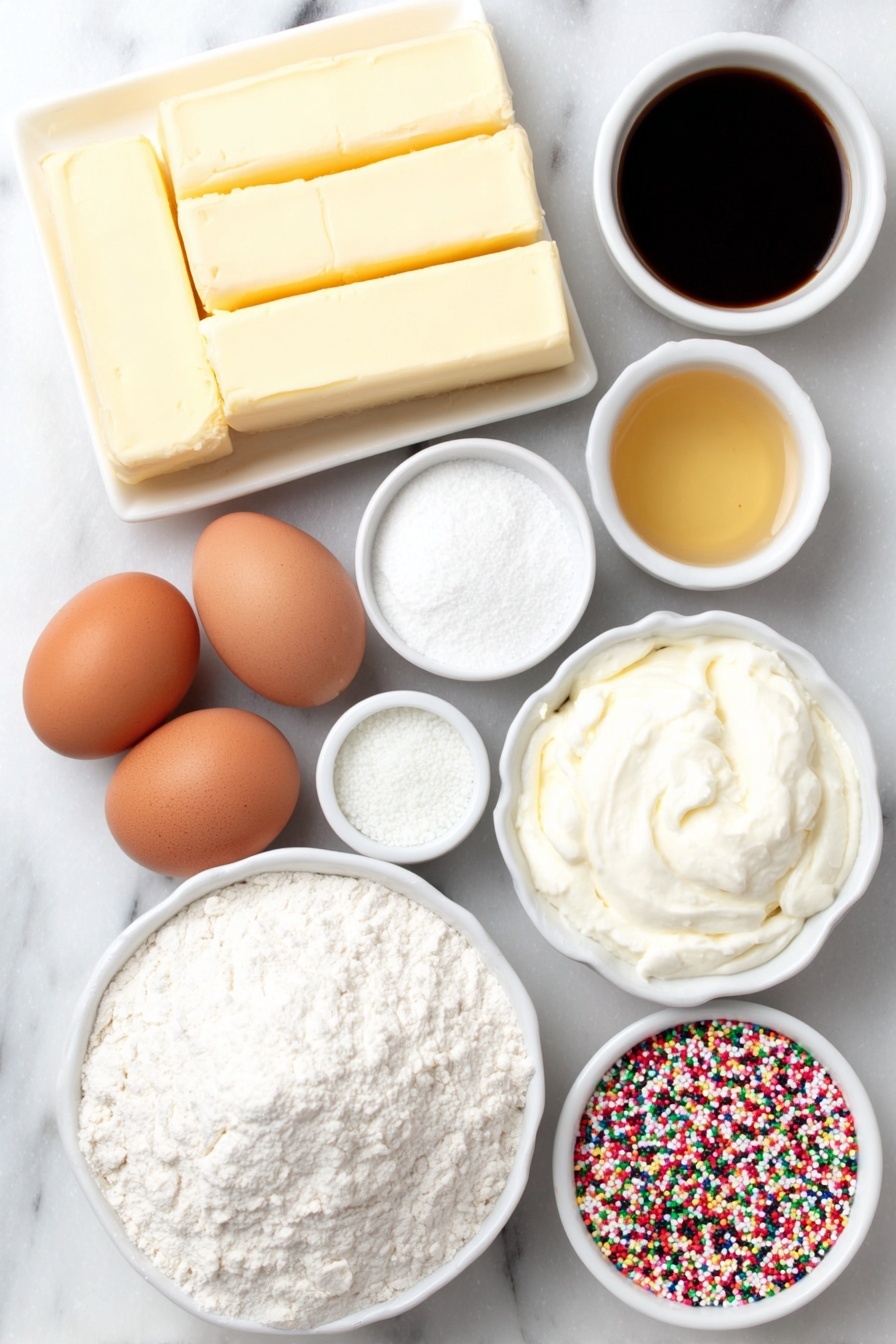 Flat lay of a small pile of unsalted butter sticks with smooth surface, a mound of granulated sugar sparkling white, two whole brown eggs with clean shells, a small white ceramic bowl of creamy whole milk ricotta, a small white ceramic bowl of vanilla extract liquid, a small white ceramic bowl of almond extract liquid, a heap of all-purpose flour with soft texture, a small white ceramic bowl of baking powder, a small white ceramic bowl of baking soda, a small white ceramic bowl of fine salt, a small white ceramic bowl filled with powdered sugar, a small white ceramic bowl containing milk, and a small white ceramic bowl holding colorful Christmas sprinkles, all arranged symmetrically and balanced in a professional flat lay, placed on a clean white marble surface, soft natural light, photo taken with an iPhone, professional food photography style, fresh ingredients, white ceramic bowls, no bottles, no duplicates, no utensils, no packaging --ar 2:3 --v 7 --p m7354615311229779997 - Italian Ricotta Christmas Cookies, holiday Italian cookies, soft Christmas cookies, almond glaze cookies, festive holiday cookies