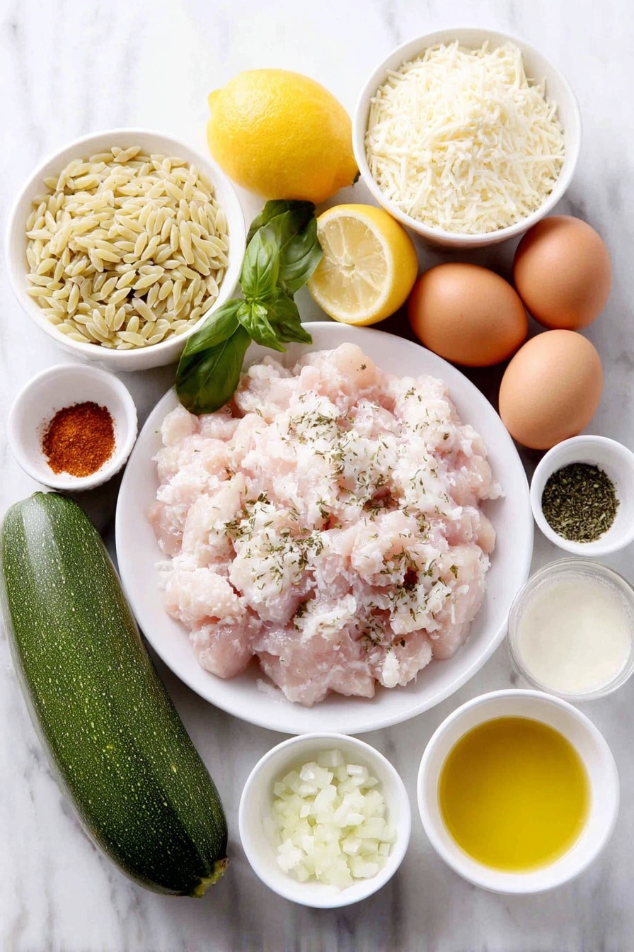 Flat lay of a small pile of raw chopped chicken breast pieces, a few sprigs of fresh basil, dill, and parsley, a couple of medium zucchinis and yellow summer squash, one large lemon cut in half with zest curls nearby, four whole uncracked brown eggs, a small mound of uncooked orzo pasta, a small white bowl with golden olive oil, a small white bowl of melted butter, a small white bowl containing finely diced white onion, a small white bowl of minced fresh garlic cloves, a small white bowl with a pale creamy liquid representing evaporated milk, a small white bowl of chicken broth, a small white bowl of cornstarch powder, a small pile of shredded mozzarella cheese, a small pile of crumbled feta cheese, small piles of paprika powder, dried thyme, salt, and black pepper arranged symmetrically on a simple white ceramic plate, all ingredients looking fresh and natural, placed on a clean white marble surface, soft natural light, photo taken with an iPhone, professional food photography style, fresh ingredients, white ceramic bowls, no bottles, no duplicates, no utensils, no packaging --ar 2:3 --v 7 --p m7354615311229779997 - Lemon Chicken Orzo Skillet, lemon chicken skillet, lemon chicken dinner, one-pan lemon chicken, citrus chicken orzo