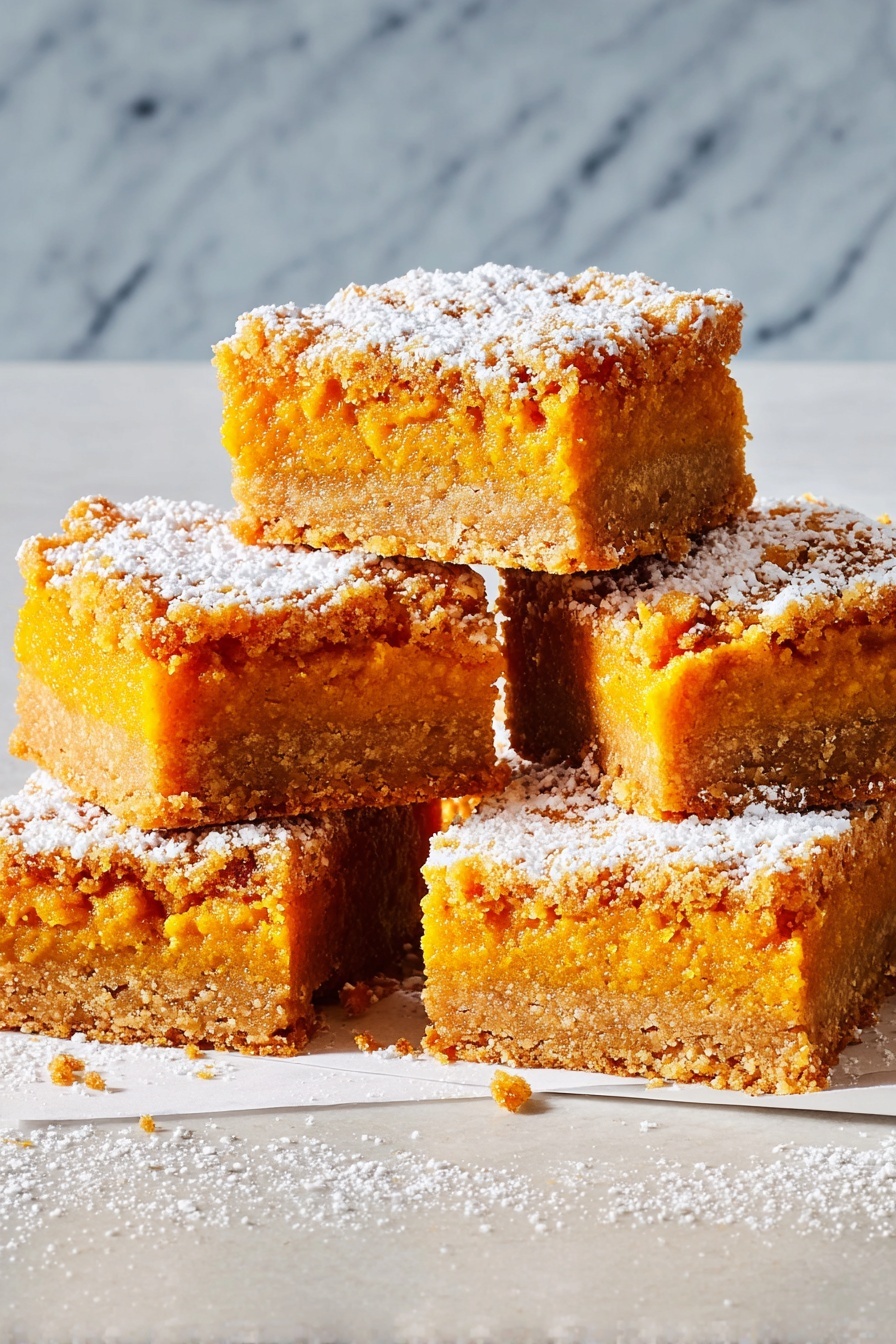 This image shows a pile of square pumpkin bars, each with two layers: a moist, bright orange pumpkin top layer and a denser, light brown cookie-like bottom layer. The pumpkin layer looks soft and slightly textured, while the bottom layer is crumbly and firm. The bars are dusted generously with white powdered sugar on top, giving a snowy effect. The bars are placed on thin white sheets on a flat surface with a white marbled texture in the background. Photo taken with an iphone --ar 2:3 --v 7 - Pumpkin Spice Gooey Bars, pumpkin spice dessert, fall bar recipes, easy pumpkin bars, gooey fall treats