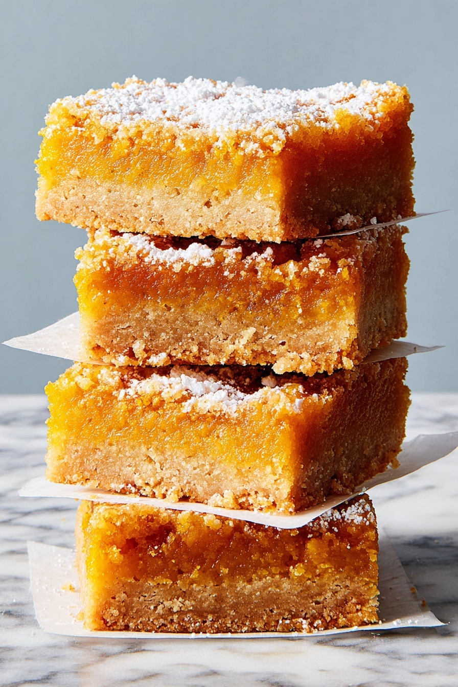 The image shows a tall stack of four square dessert bars, each with two layers: a dense, crumbly light brown base and a thick, moist orange topping with a slightly rough texture. The top bar is sprinkled with a thin dusting of powdered sugar, which also lightly coats the edges of the bars below it. The bars are placed on a small, square piece of white parchment paper resting on a white marbled surface. The background is plain and light grey, putting full focus on the dessert stack. photo taken with an iphone --ar 2:3 --v 7 - Pumpkin Spice Gooey Bars, pumpkin spice dessert, fall bar recipes, easy pumpkin bars, gooey fall treats