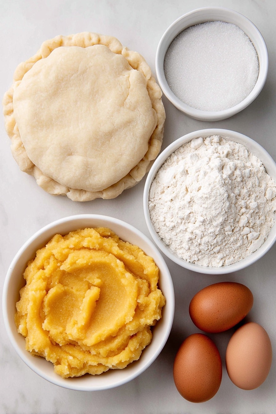 Flat lay of a simple white ceramic bowl filled with smooth bright orange pumpkin pie filling, a small white bowl containing fine granulated sugar, a small white bowl with all-purpose flour, a round floured disk of pale pie dough, and two whole brown eggs arranged symmetrically on a clean white marble surface, soft natural light, photo taken with an iPhone, professional food photography style, fresh ingredients, white ceramic bowls, no bottles, no duplicates, no utensils, no packaging --ar 2:3 --v 7 --p m7354615311229779997 - Mini Pumpkin Crème Brûlée Pies, pumpkin crème brûlée desserts, fall pumpkin pie treats, handheld pumpkin pies, easy pumpkin dessert recipes