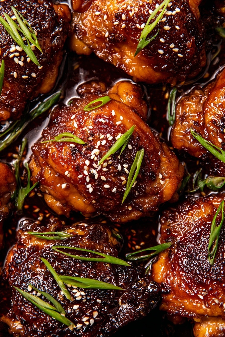 The image shows several pieces of cooked chicken thighs with crispy, dark golden-brown skin coated in a shiny, sticky sauce. On top of the chicken, there are small white sesame seeds sprinkled evenly along with thin slices of green onions scattered across the surface. The chicken pieces sit closely together on a dark, glossy sauce that pools beneath them, enhancing the rich color and texture of the dish. The overall look is warm and inviting with a mix of deep browns, light greens, and white sesame specks on a close-up shot. Photo taken with an iphone --ar 2:3 --v 7 - Braised Chicken Thighs with Soy Sauce and Ginger, Asian chicken recipes, flavorful chicken dinner ideas, easy braised chicken recipes, comforting poultry dishes