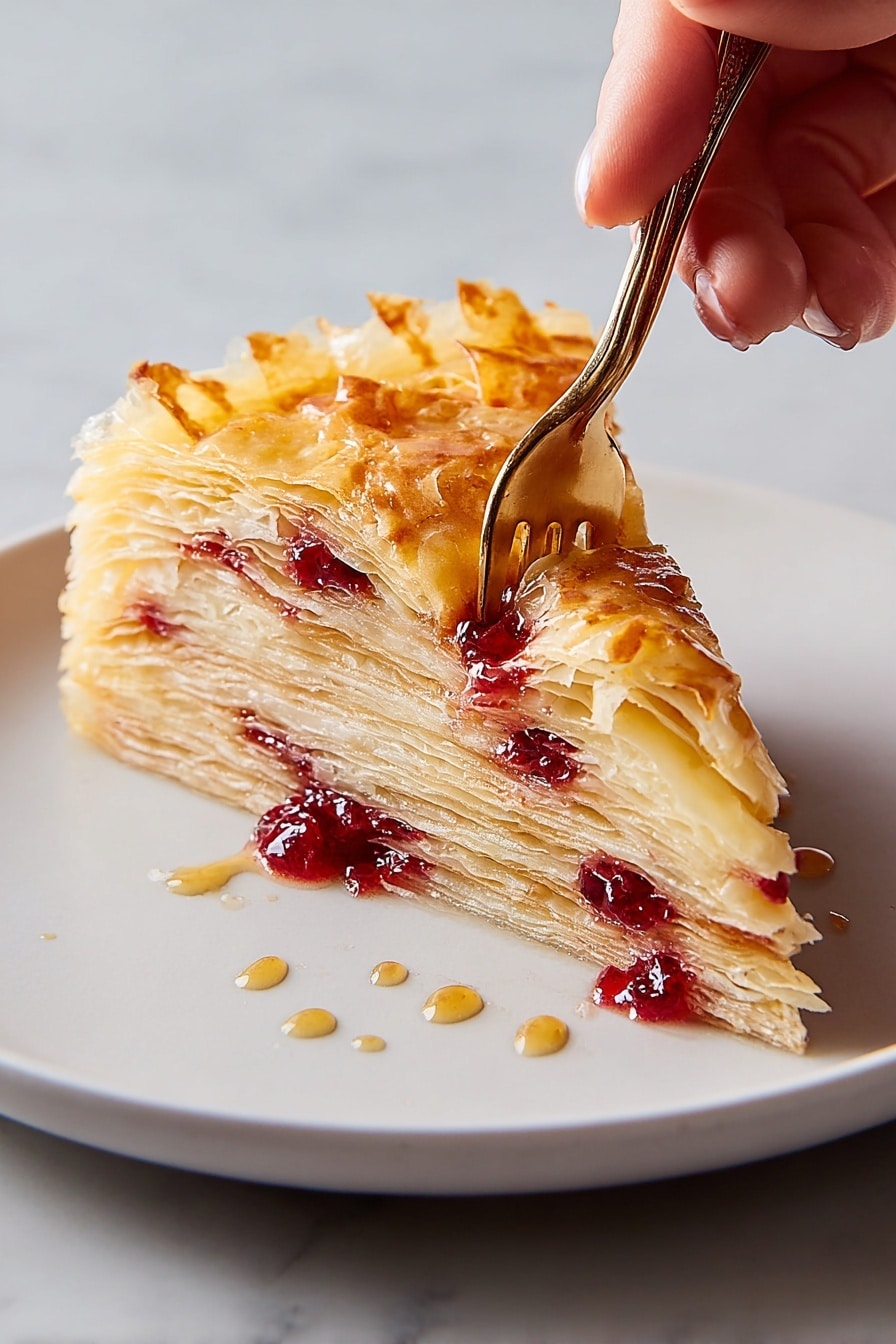 The image shows a round pie with many thin, crispy layers of golden crust arranged in a swirl pattern on top, with some small dollops of bright red jam scattered evenly over it. The crust edges are slightly crinkled and a little darker golden brown. One large piece is being lifted, revealing the flaky, layered inner texture with a light, creamy color and bits of red jam inside. The pie sits on a white marbled surface. In the background, a small ceramic bowl holds more red jam. photo taken with an iphone --ar 2:3 --v 7 - Cranberry Phyllo Tart with Orange Custard, festive cranberry tart, orange custard dessert, flaky phyllo tart, holiday fruit tart