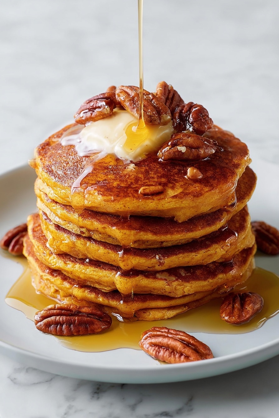 Two golden brown pancakes sit side by side in a white pan with a smooth surface. Each pancake is about one layer thick, showing a rich, even browning with small air bubbles and a slightly rough texture on top. A pale green spatula is held above the pancakes by a woman's hand, ready to flip or lift them. The pan rests on a white marbled surface. photo taken with an iphone --ar 2:3 --v 7 - Pumpkin Pancakes, Pumpkin Pancakes Recipe, Fluffy Pumpkin Pancakes, Fall Breakfast Ideas, Pumpkin and Spice Breakfast