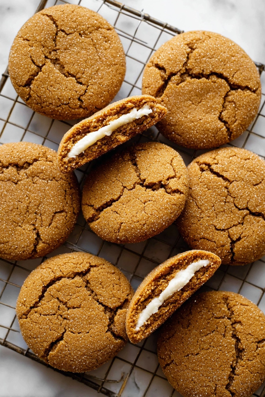The image shows a stack of four brown cookies with a white cream layer inside each one, placed on top of whole cookies that are flat and round on a white marbled surface. The cookies have a slightly rough texture on the outside and the cream layer is smooth and thick, sandwiched in the middle. The stack is centered, and in the background, there are more cookies blurred out. The lighting is soft, highlighting the warm brown color of the cookies and the bright white of the cream layer. photo taken with an iphone --ar 2:3 --v 7 - Cheesecake Gingerbread Cookies, gingerbread cookie recipe, creamy cheesecake cookies, holiday cookie ideas, festive gingerbread treats